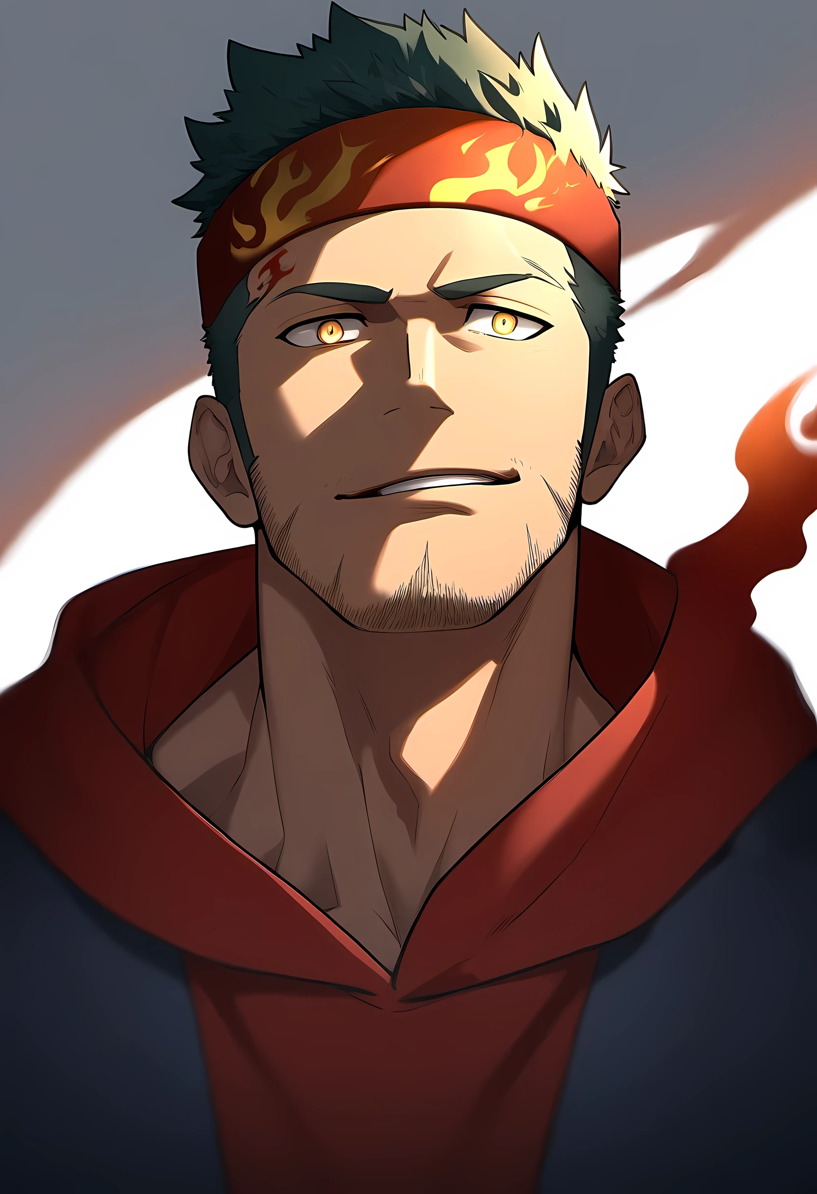 anime characters:Guy, Priapus, 1 muscular man god, Flame tattoo, Sport red headband, Sports hooded sweatshirt, muscular male, muscular, only, Upper body, alone, short black hair, thick eyebrows, stubble, yellow eyes, White background, simple background, amazing quality, best aesthetics, Ridiculous, bright pupils, short hair, naughty face, torogao, open lips, divine light, chiaroscuro, shadow, best quality