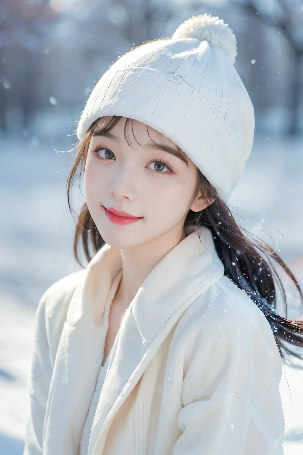 Wearing a white down jacket, fair skinned, 1 girl,close your mouth and smile,Winters,23 year old girl,high quality,looking at camera,facing the audience,Snowing day,With bib,real person,Beautiful and delicate girl, Very detailed eyes and face,fine details,Unite,8k wallpaper,real person,hat