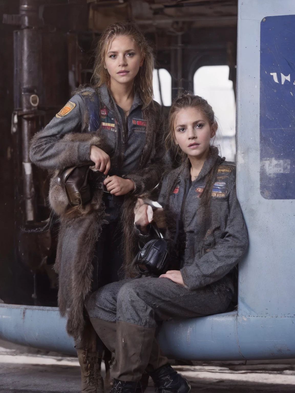 Bella y joven mujer en uniforme sentada junto a otra joven y bella mujer en uniforme, (NSFW), emma watson vietnam puerta artillero, vistiendo traje de vuelo, en traje de vuelo, perfecta compostura militar, aviadores, foto de perfil, imagen de perfil, foto de perfilture, ropa de piloto militar.