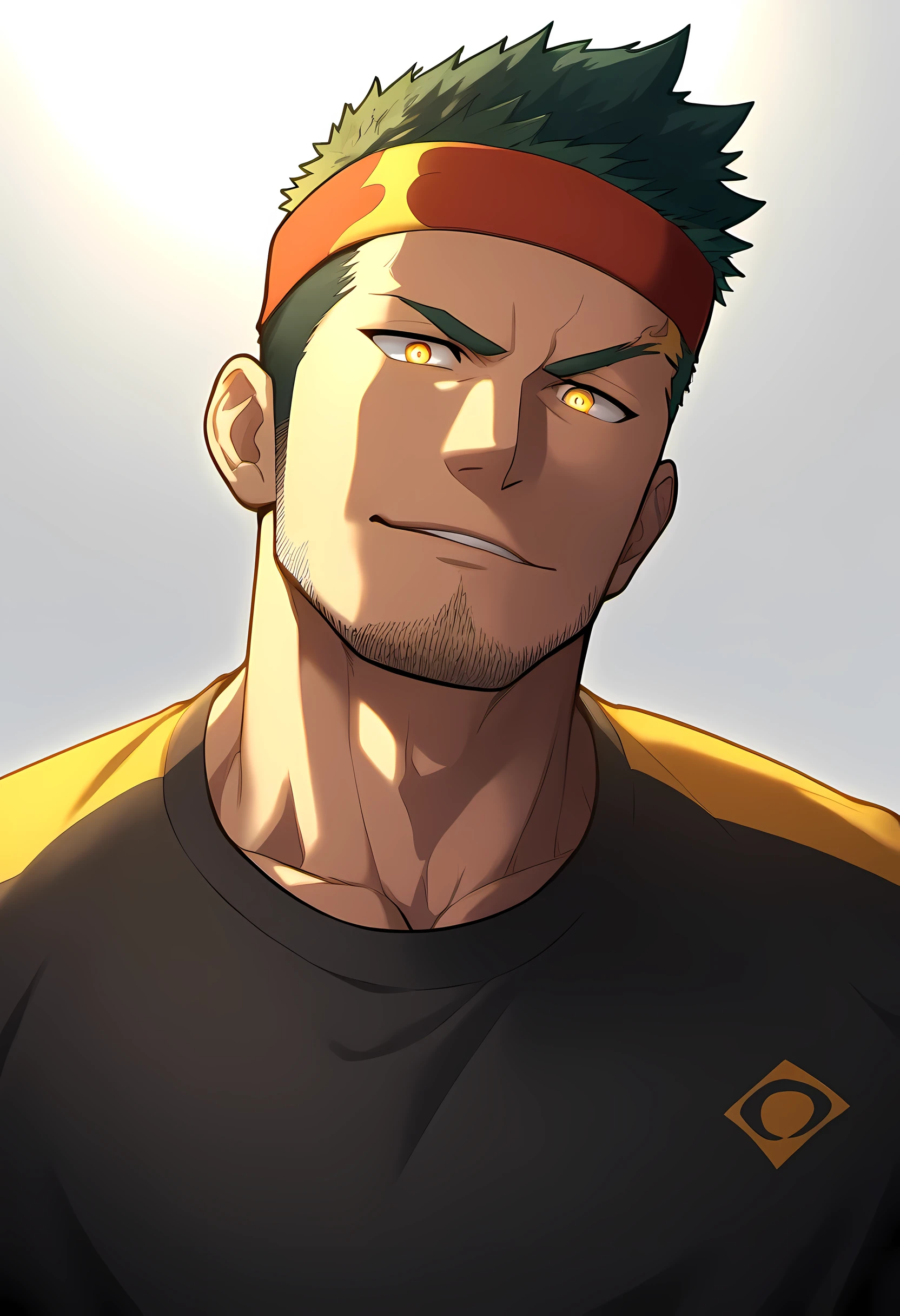 anime characters:Guy, Priapus, 1 muscular man god, Sport red headband, black sweatshirt, muscular male, muscular, only, Upper body, alone, short yellow hair, thick eyebrows, stubble, yellow eyes, White background, simple background, amazing quality, best aesthetics, Ridiculous, bright pupils, short hair, naughty face, torogao, open lips, divine light, chiaroscuro, shadow, best quality