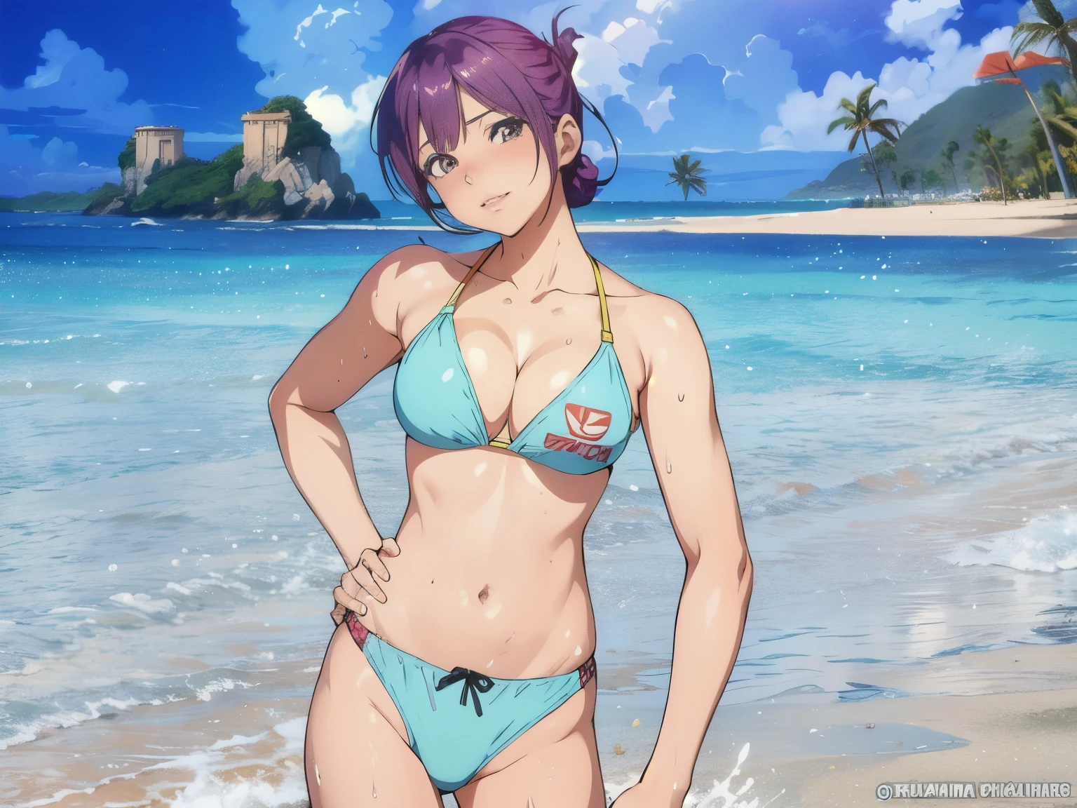 arafed woman in a bikini standing in the water near a beach, realistic bikini, attire: bikini, juri misaki, is wearing a swimsuit, swimsuit, asuka as a surfer model, masuimi max, bathing suit, yayoi kasuma, mamimi samejima, as a character in tekken, sfw version, nico robin