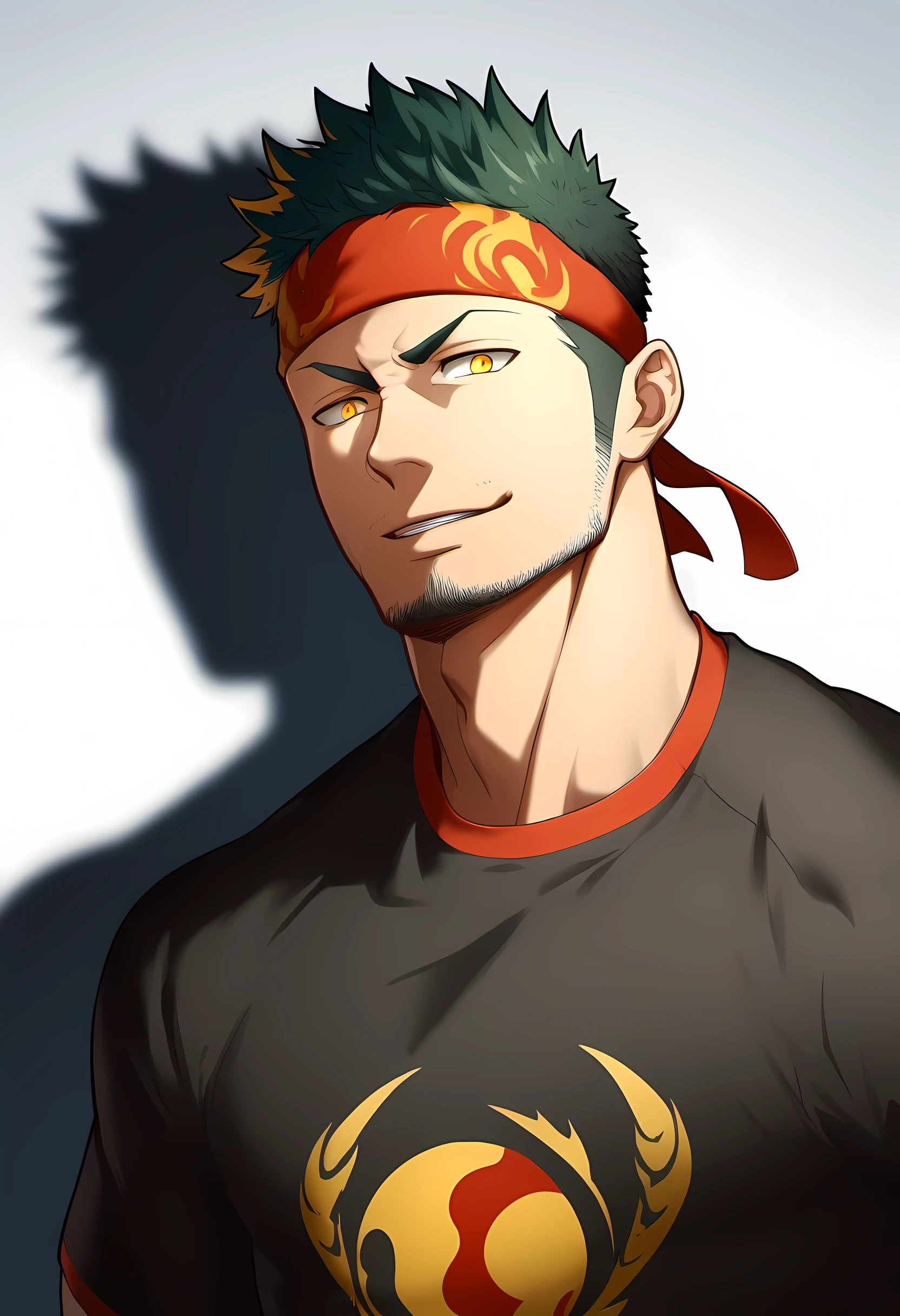 anime characters：Guy, Priapus, 1 muscular man god, Sport red headband, black sweatshirt, muscular male, muscular, only, Upper body, alone, short yellow hair, thick eyebrows, stubble, yellow eyes, White background, simple background, amazing quality, best aesthetics, Ridiculous, bright pupils, short hair, naughty face, torogao, open lips, divine light, chiaroscuro, shadow, best quality