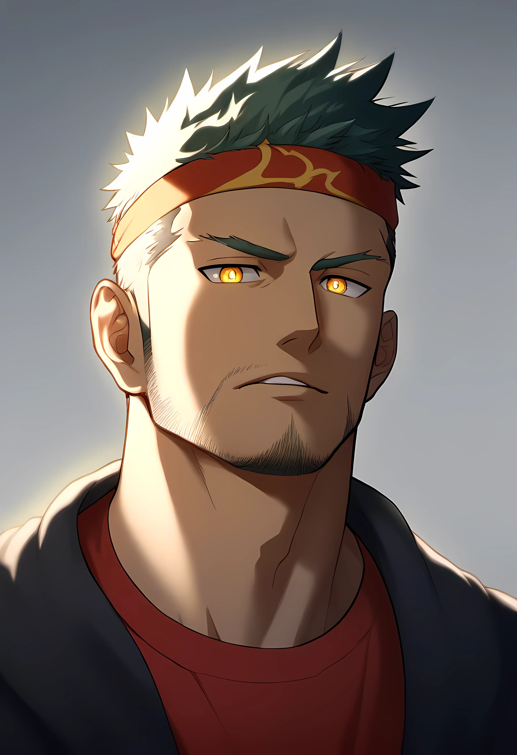 anime characters:Guy, Priapus, 1 muscular man god, Sport red headband, black sweatshirt, muscular male, muscular, only, Upper body, alone, short yellow hair, thick eyebrows, stubble, yellow eyes, White background, simple background, amazing quality, best aesthetics, Ridiculous, bright pupils, short hair, naughty face, torogao, open lips, divine light, chiaroscuro, shadow, best quality
