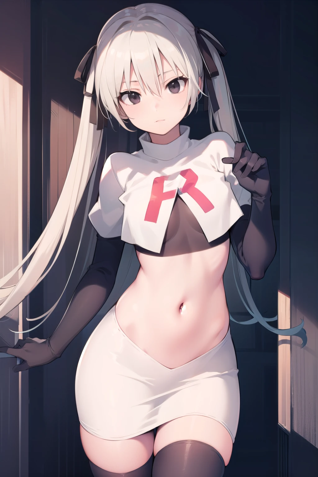 sorakasugano, sora kasugano, ahoge, (black eyes:1.5), hair between eyes, hair ribbon, long hair, twintails, black ribbon, white hair, (flat chest:1.2),
BREAK team rocket,team rocket uniform,white skirt,red letter R,crop top,black thigh-highs,black elbow gloves
BREAK looking at viewer,
BREAK (masterpiece:1.2), best quality, high resolution, unity 8k wallpaper, (illustration:0.8), (beautiful detailed eyes:1.6), extremely detailed face, perfect lighting, extremely detailed CG, (perfect hands, perfect anatomy),