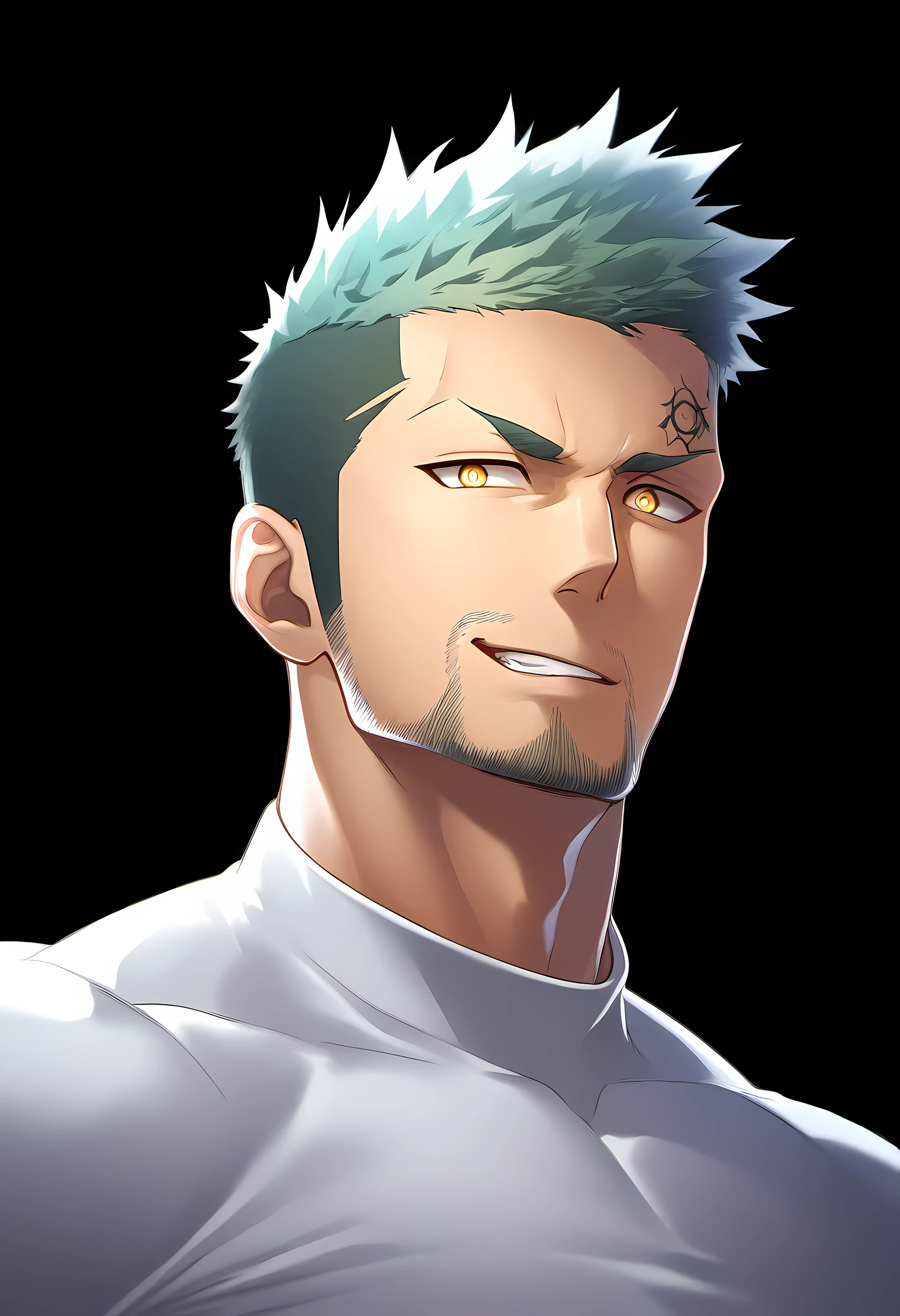 anime characters:Guy, Priapus, ung muscular man, male focus, six pointed star tattoo, Sporty black headband, High collar tight white spandex T-shirt, Milky white mucus at the corners of the mouth, muscular male, muscular, only, Upper body, alone, white short hair, stubble, yellow eyes, black background, simple background, amazing quality, best aesthetics, Ridiculous, bright pupils, short hair, naughty face, torogao, open lips, best quality