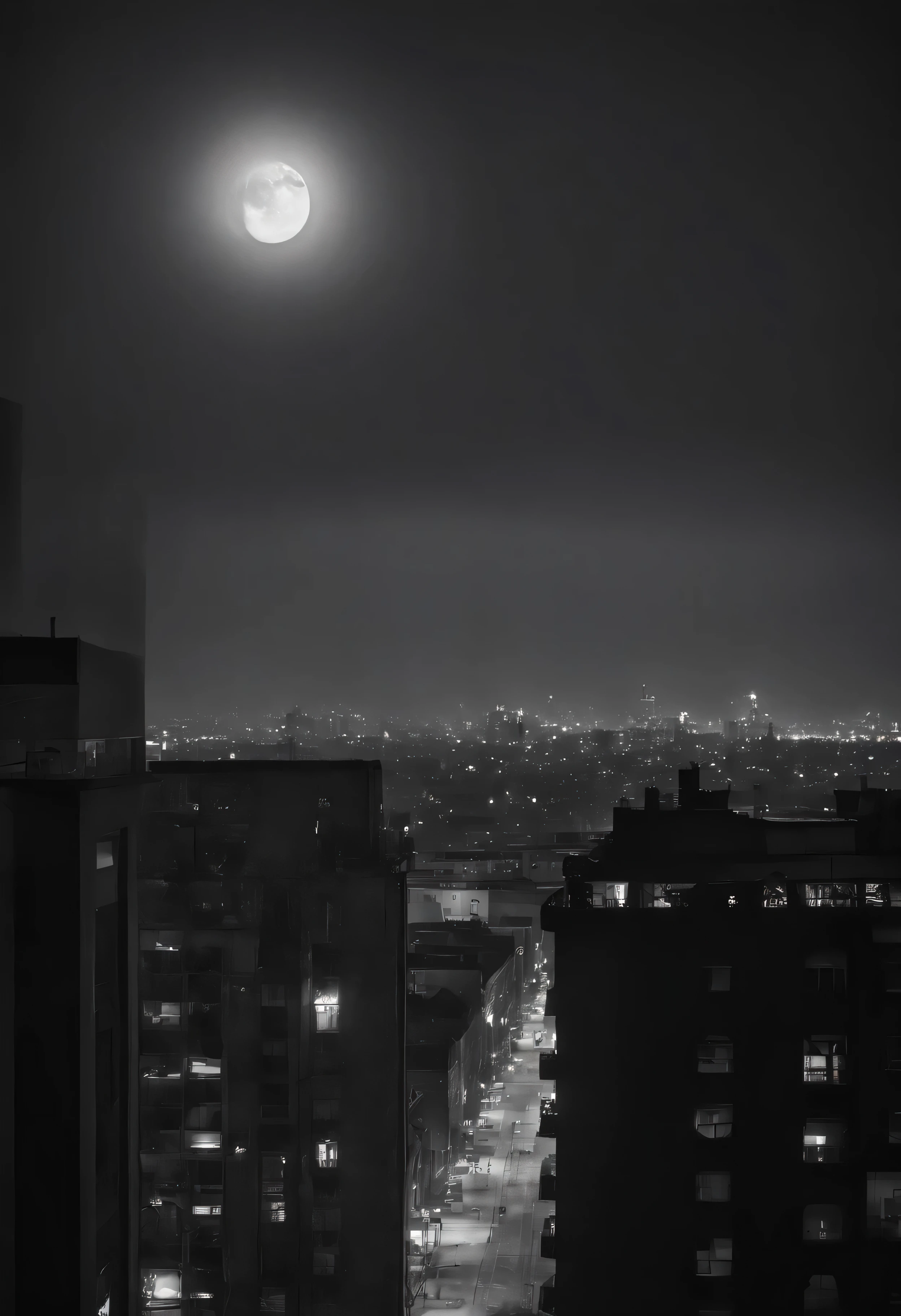 uma cidade escura de estilo noir em preto e branco, where you can only see the moon far away on the horizon, trazendo melancolia para quem olha