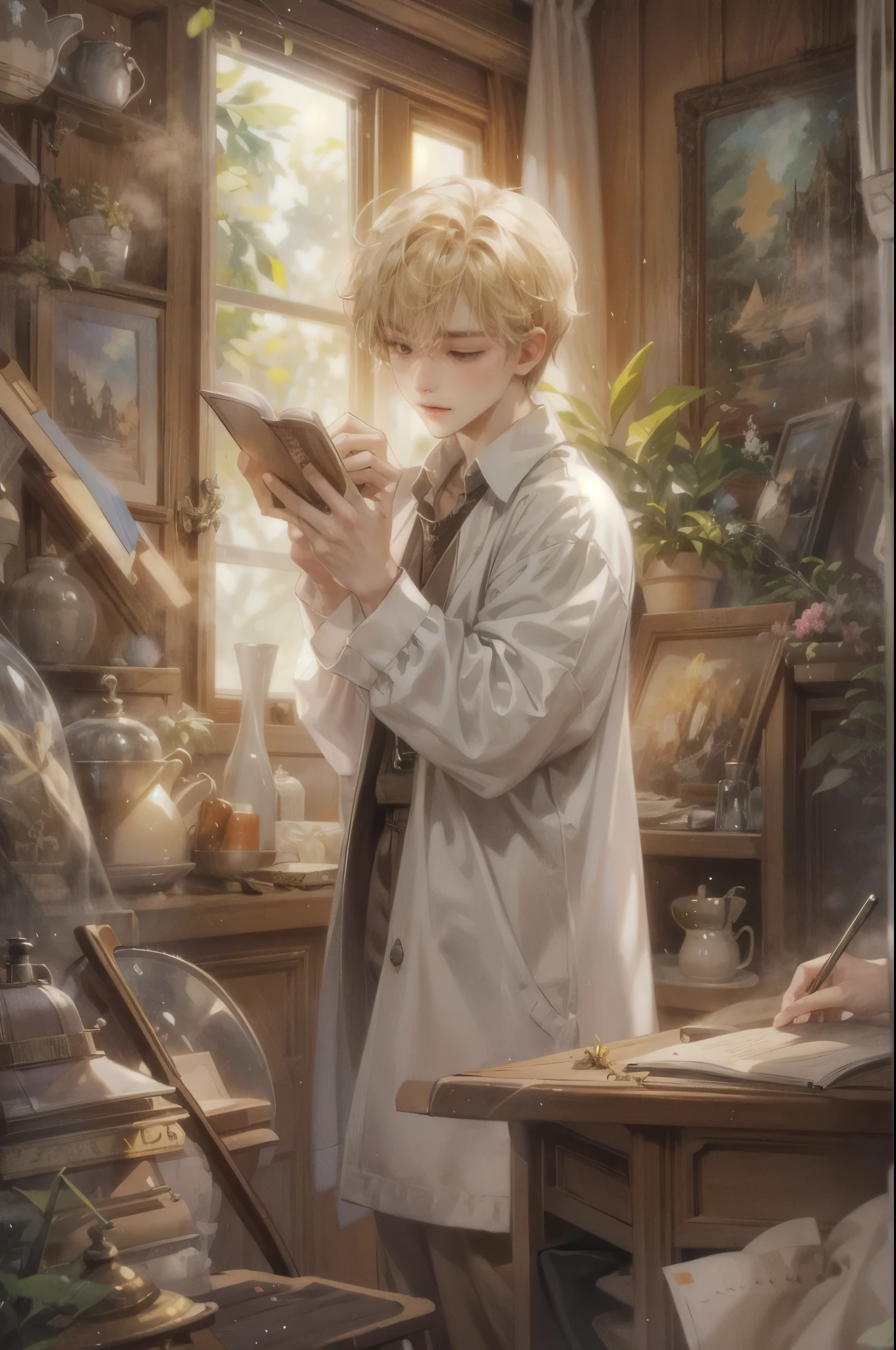 ((Best quality)), ((masterpiece)), (detailed), ((perfect face)), ((halfbody)) handsome blonde young boy artist, engaging in various activities within his cozy home nestled in a serene forest. Capture moments of his daily life, such as painting, reading, playing a musical instrument, or enjoying a cup of tea, as he explores his creativity and self-discovery, all while surrounded by the warmth and comfort of his sanctuary