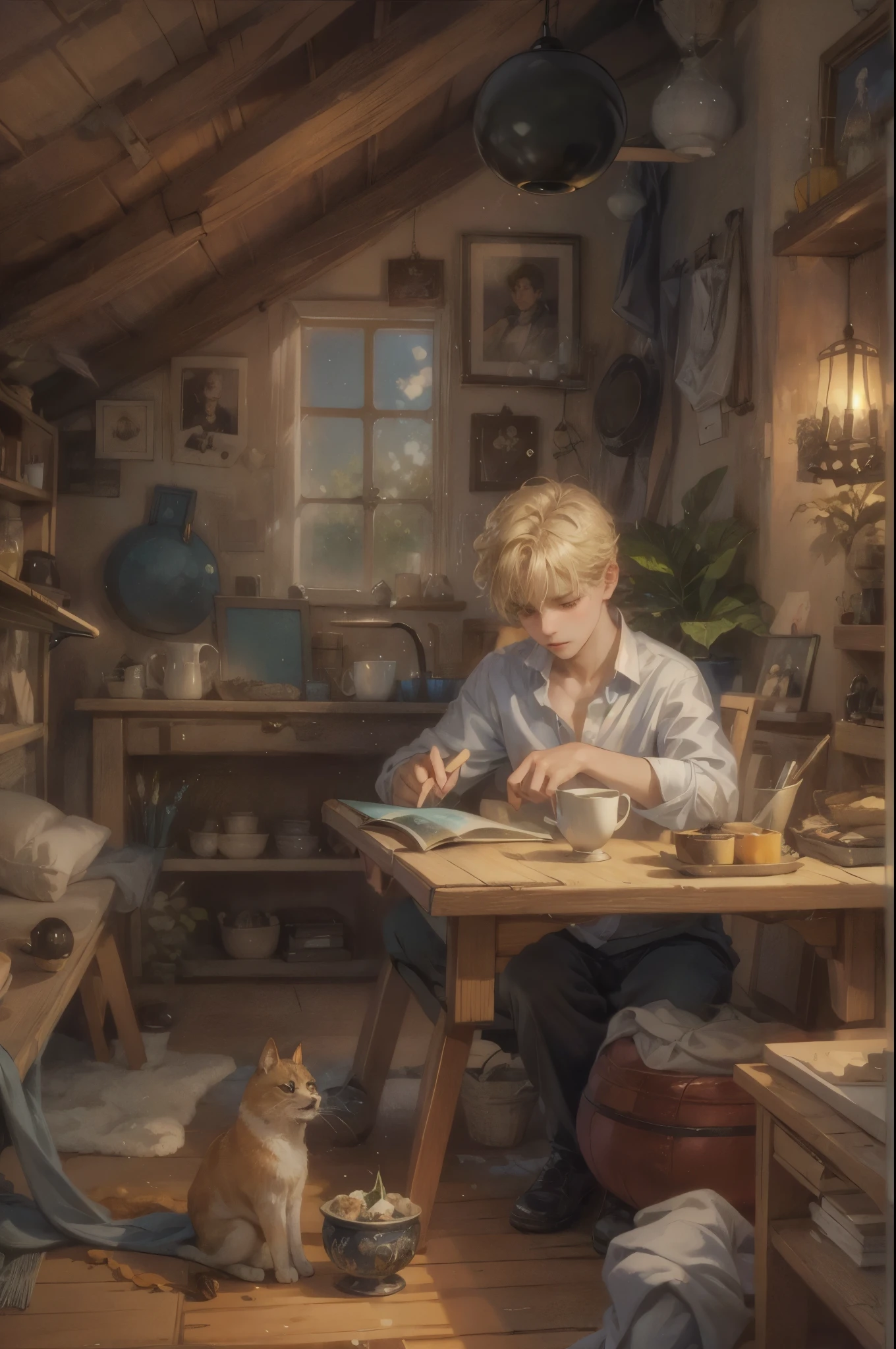 ((Best quality)), ((masterpiece)), (detailed), ((perfect face)), ((halfbody)) handsome blonde young boy artist, engaging in various activities within his cozy home nestled in a serene forest. Capture moments of his daily life, such as painting, reading, playing a musical instrument, or enjoying a cup of tea, as he explores his creativity and self-discovery, all while surrounded by the warmth and comfort of his sanctuary