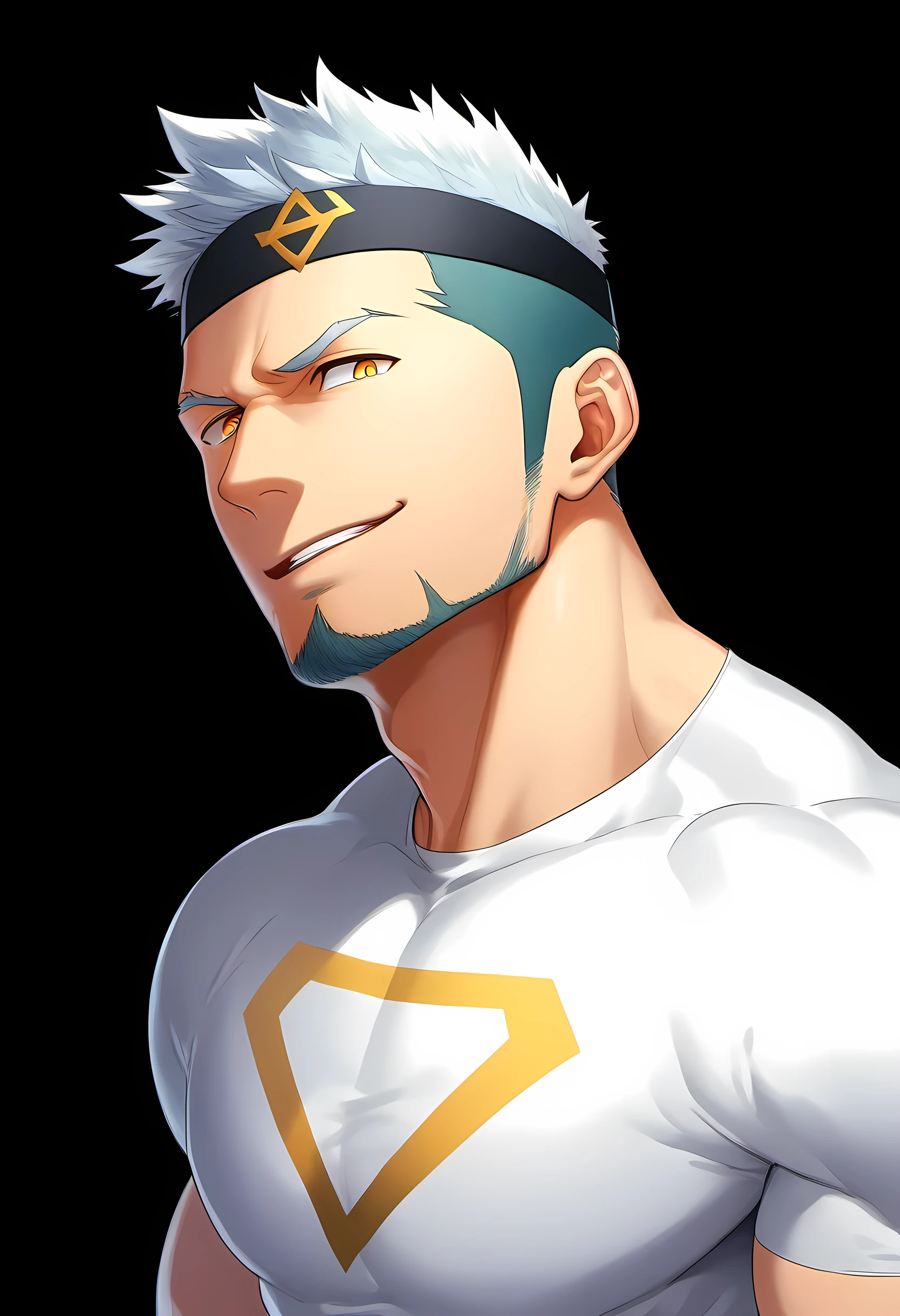 anime characters:Guy, Priapus, ung muscular man, male focus, six pointed star tattoo, Sporty black headband, High collar tight white spandex T-shirt, Milky white mucus at the corners of the mouth, muscular male, muscular, only, Upper body, alone, white short hair, stubble, yellow eyes, black background, simple background, amazing quality, best aesthetics, Ridiculous, bright pupils, short hair, naughty face, torogao, open lips, best quality