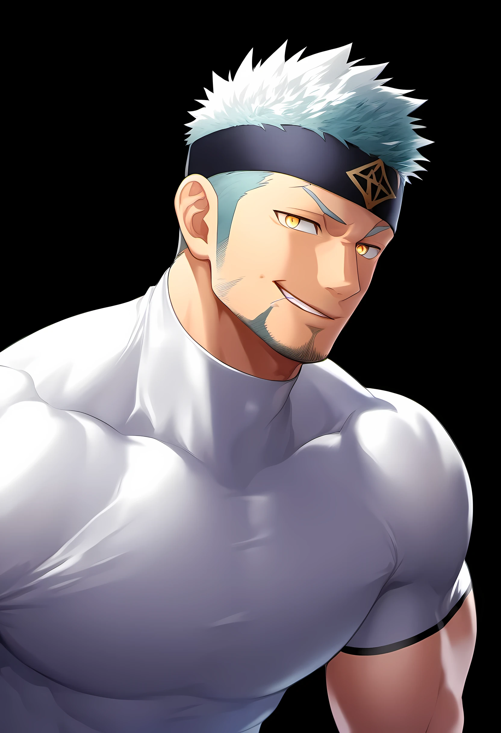 anime characters:Guy, Priapus, ung muscular man, male focus, six pointed star tattoo, Sporty black headband, High collar tight white spandex T-shirt, Milky white mucus at the corners of the mouth, muscular male, muscular, only, Upper body, alone, white short hair, stubble, yellow eyes, black background, simple background, amazing quality, best aesthetics, Ridiculous, bright pupils, short hair, naughty face, torogao, open lips, best quality