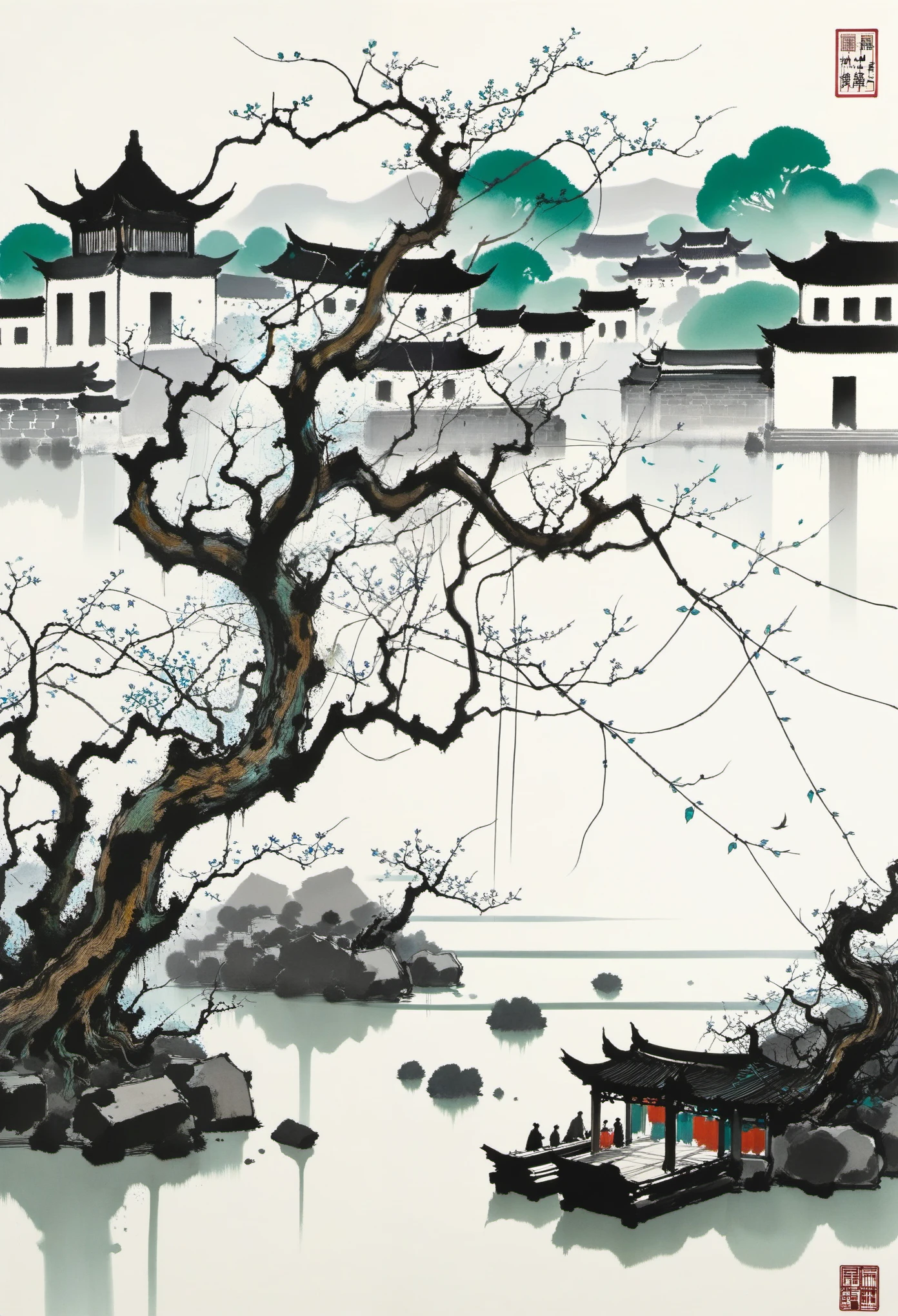 Dead vines，old tree，Xiaoqiao，running water，Geometric abstract ink，Describe the Jiangnan landscape architectural complex，Wu Guanzhong's style is an artistic expression that merges traditional Chinese ink techniques with Western painting concepts. It is characterized by modern interpretations of traditional themes, creating unique visual effects through color and line.