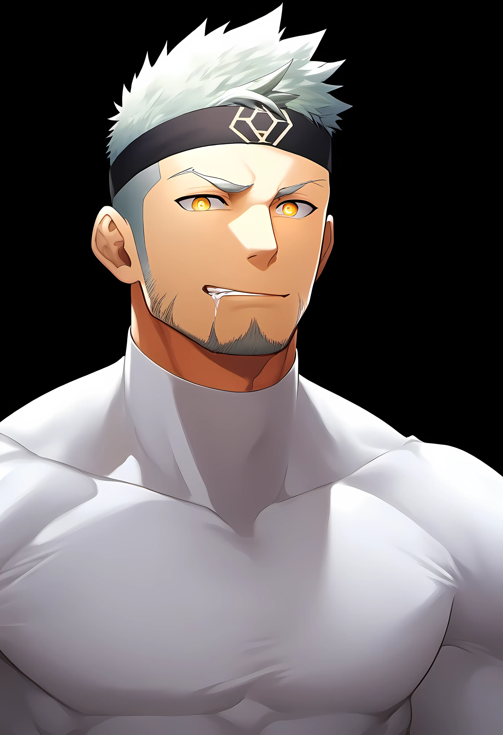 anime characters:Guy, Priapus, 1 young muscular man, male focus, six pointed star tattoo, Sporty black headband, Tight turtleneck long sleeve white spandex T-shirt, Milky white mucus at the corners of the mouth, muscular male, muscular, only, Upper body, alone, white short hair, stubble, yellow eyes, black background, simple background, amazing quality, best aesthetics, Ridiculous, bright pupils, short hair, naughty face, torogao, open lips, best quality