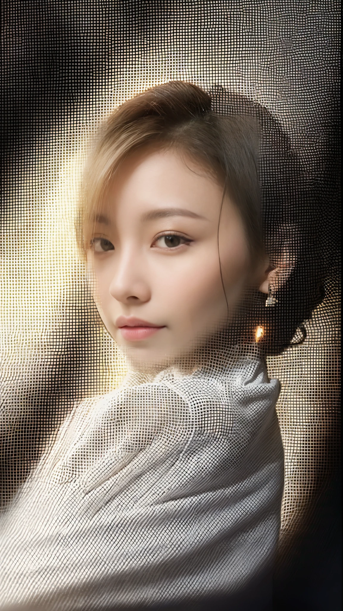 (highest quality, debris flies, realistic pictures, Super detailed, ultra high resolution, to be born:1.3), (1 female, beautiful japanese actress, 25 years old),  (shy smile), detailed face，Flashy makeup with red eyeshadow，Large ring earrings，light blonde delicate mid cut hair，the tips of the hair are wavy，Elegant hairstyle，fine eyes, Actress with slender figure，small breasts,  white shirt，(mini skirt)，white panties，