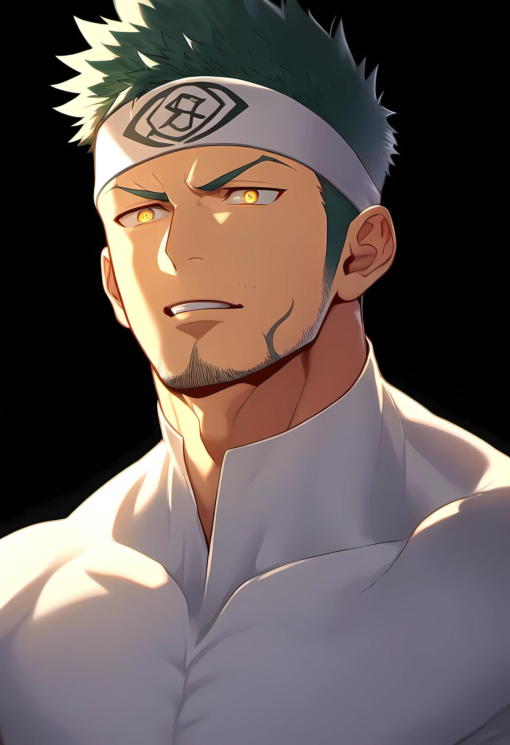 anime characters：Guy, Priapus, 1 young muscular man, male focus, six pointed star tattoo, Sporty black headband, Tight turtleneck long sleeve white spandex T-shirt, Milky white mucus at the corners of the mouth, muscular male, muscular, only, Upper body, alone, white short hair, stubble, yellow eyes, black background, simple background, amazing quality, best aesthetics, Ridiculous, bright pupils, short hair, naughty face, torogao, open lips, best quality