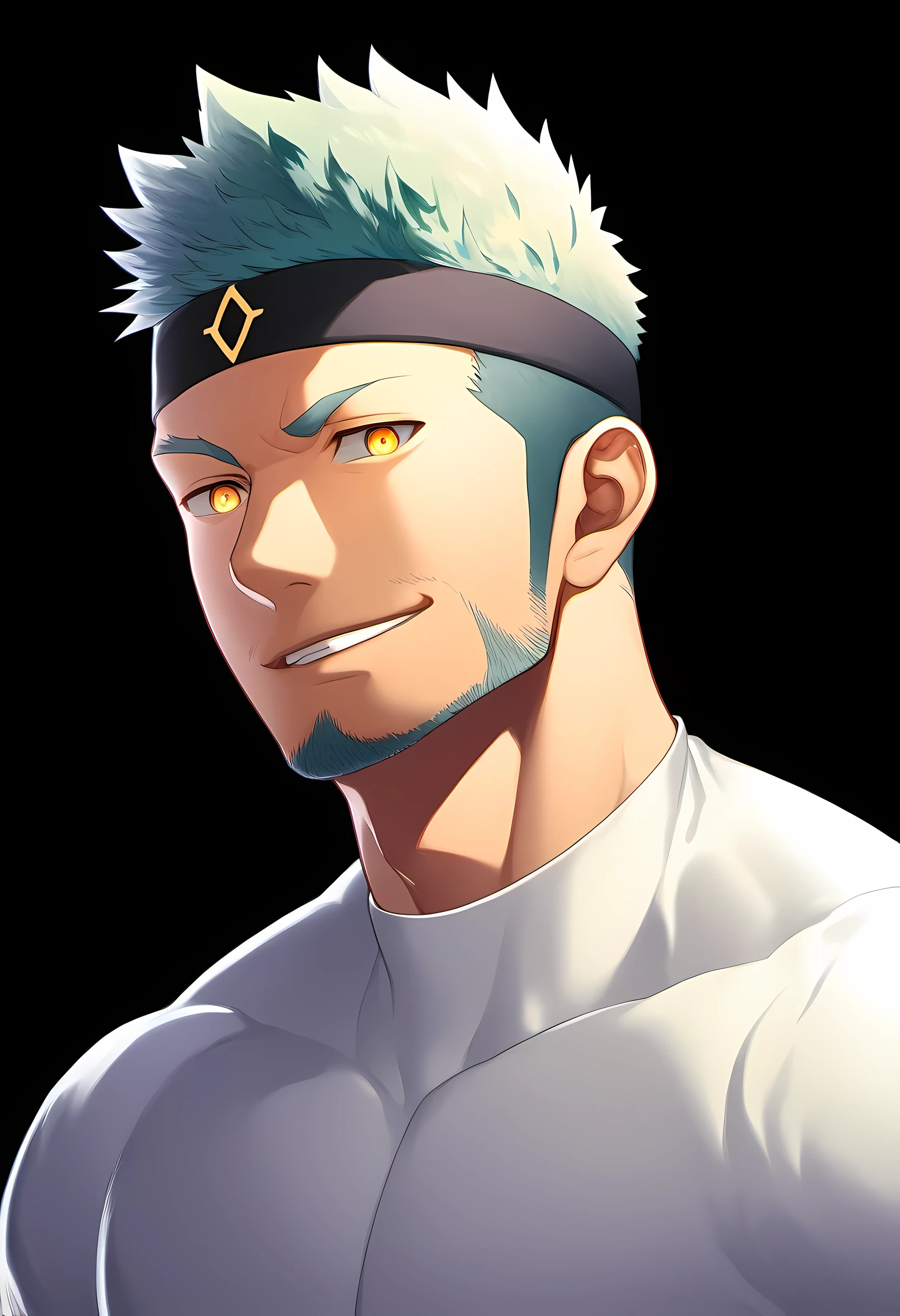 anime characters:Guy, Priapus, ung muscular man, male focus, six pointed star tattoo, Sporty black headband, Tight turtleneck long sleeve white spandex T-shirt, Milky white mucus at the corners of the mouth, muscular male, muscular, only, Upper body, alone, white short hair, stubble, yellow eyes, black background, simple background, amazing quality, best aesthetics, Ridiculous, bright pupils, short hair, naughty face, torogao, open lips, best quality