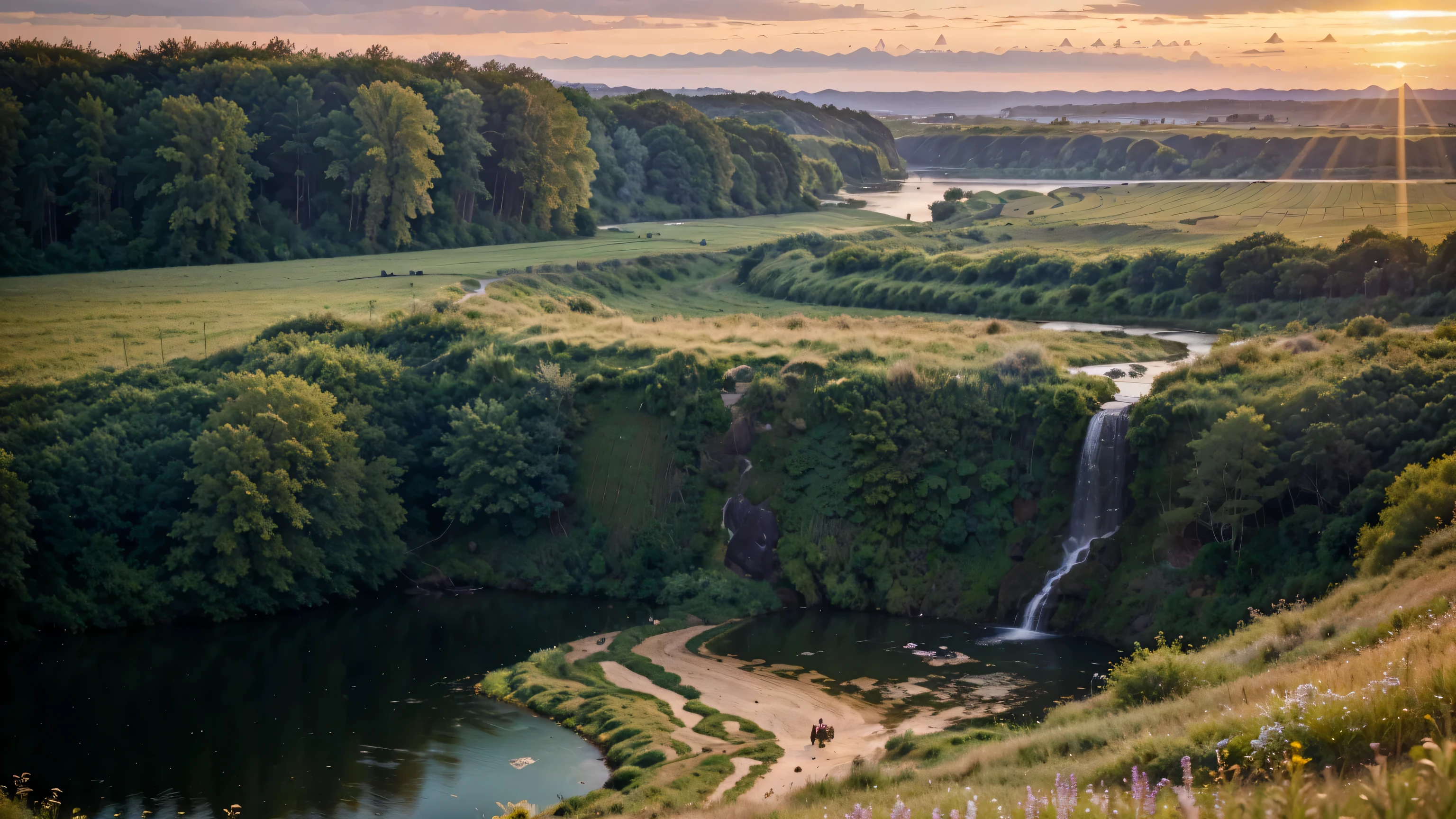 Um deslumbrante, high-resolution fotograph captured with a Phase One XF 100MP camera and a 300mm lens. The image shows a stunning sunset on the horizon, casting a warm golden light over a vast green field with tall green trees. The depth of the landscape is accentuated by the presence of a wide river meandering through the scene and the vast sky above... Rich vegetation and wildlife dot the landscape, creating a feeling of life and vitality. Exposure is set to ISO 800 ef film/8, capturing the beauty and details of the scene in a captivating poster., imagem digna., foto, poster, wildlife fotography