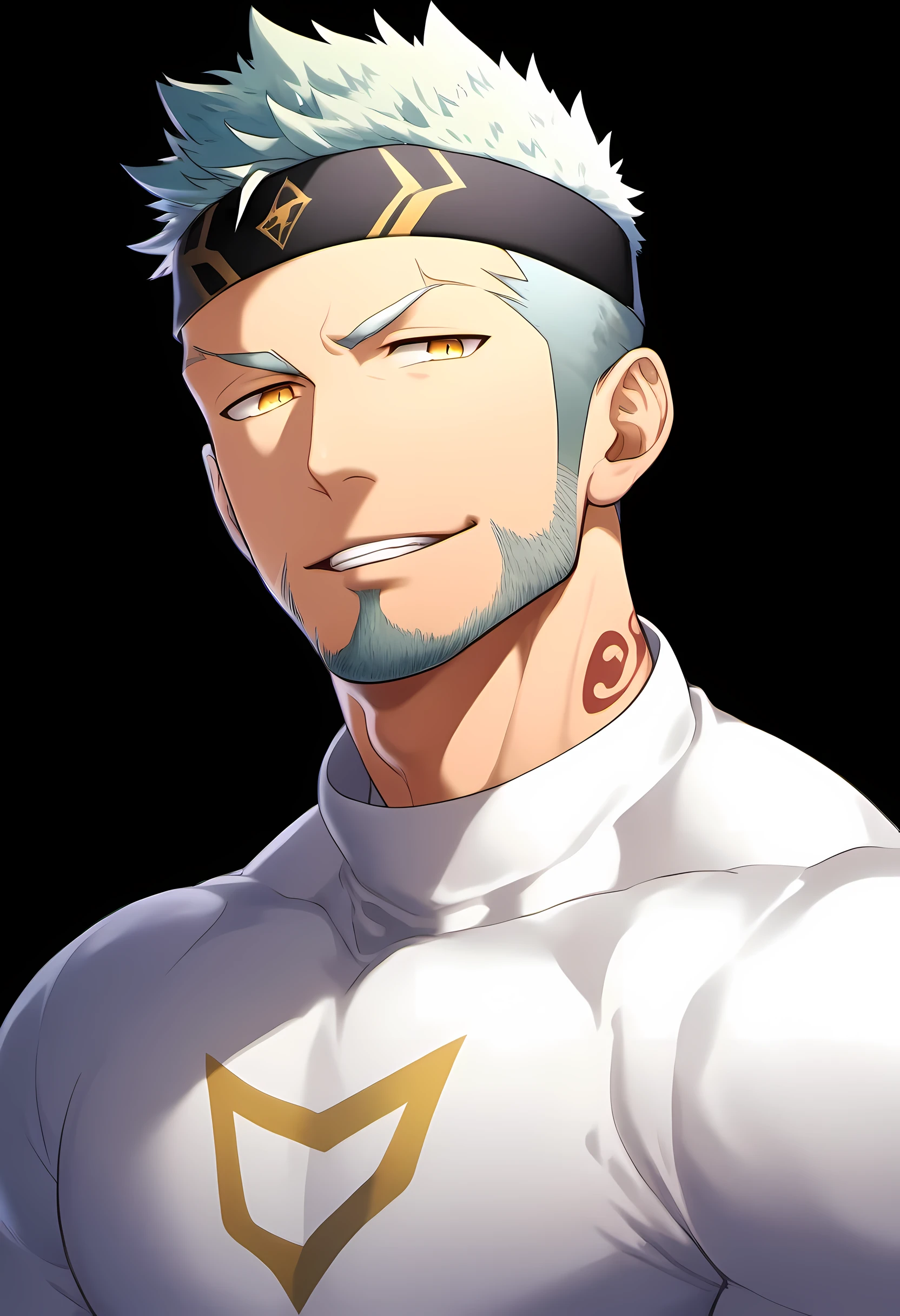 anime characters:Guy, Priapus, ung muscular man, male focus, six pointed star tattoo, Sporty black headband, Tight turtleneck long sleeve white spandex T-shirt, Milky white mucus at the corners of the mouth, muscular male, muscular, only, Upper body, alone, white short hair, stubble, yellow eyes, black background, simple background, amazing quality, best aesthetics, Ridiculous, bright pupils, short hair, naughty face, torogao, open lips, best quality