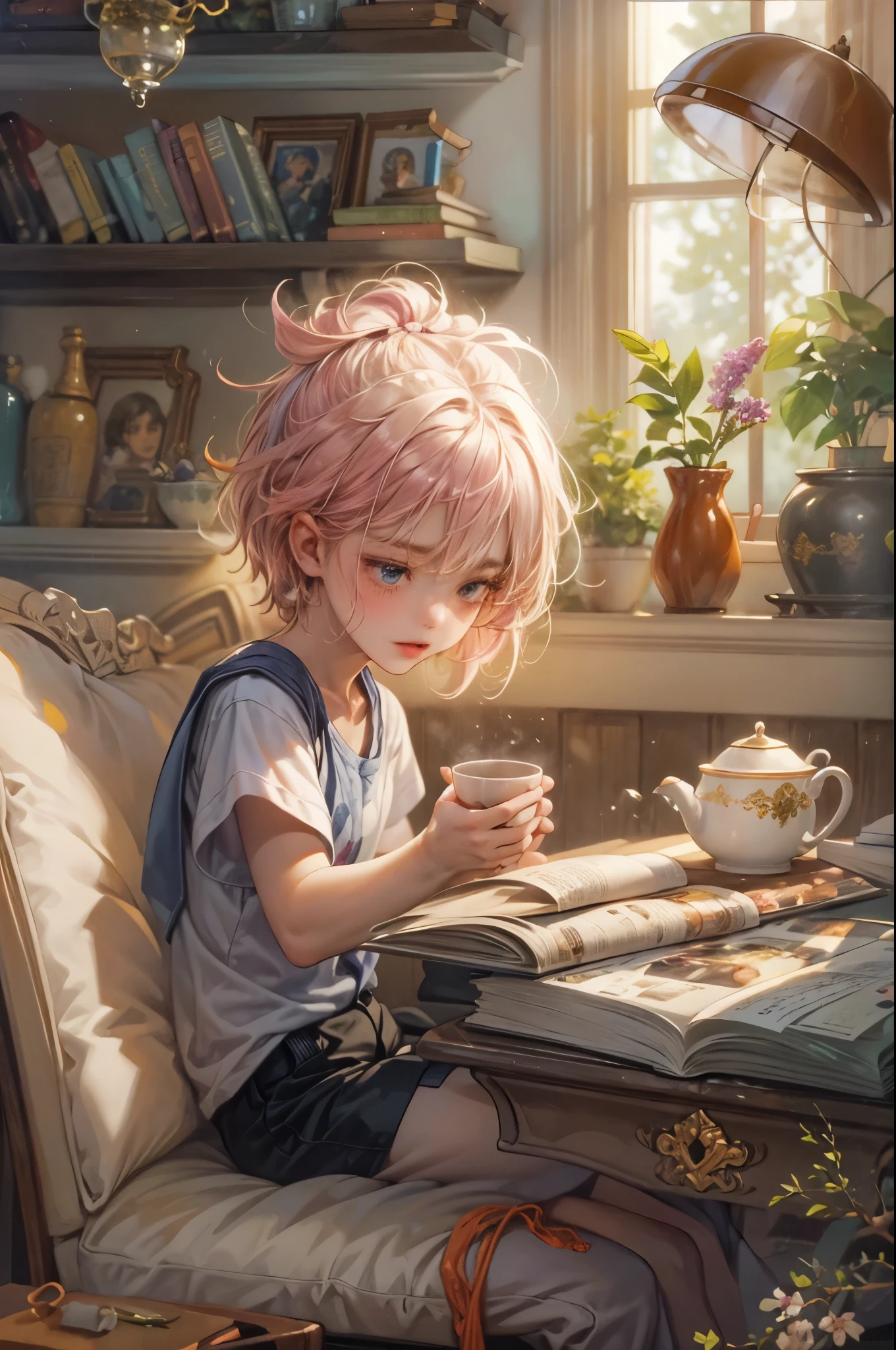 ((Best quality)), ((masterpiece)), (detailed), ((perfect face)), ((halfbody)) handsome young boy artist, pink hair, engaging in various activities within his cozy home nestled in a serene forest. Capture moments of his daily life, such as painting, reading, playing a musical instrument, or enjoying a cup of tea, as he explores his creativity and self-discovery, all while surrounded by the warmth and comfort of his sanctuary