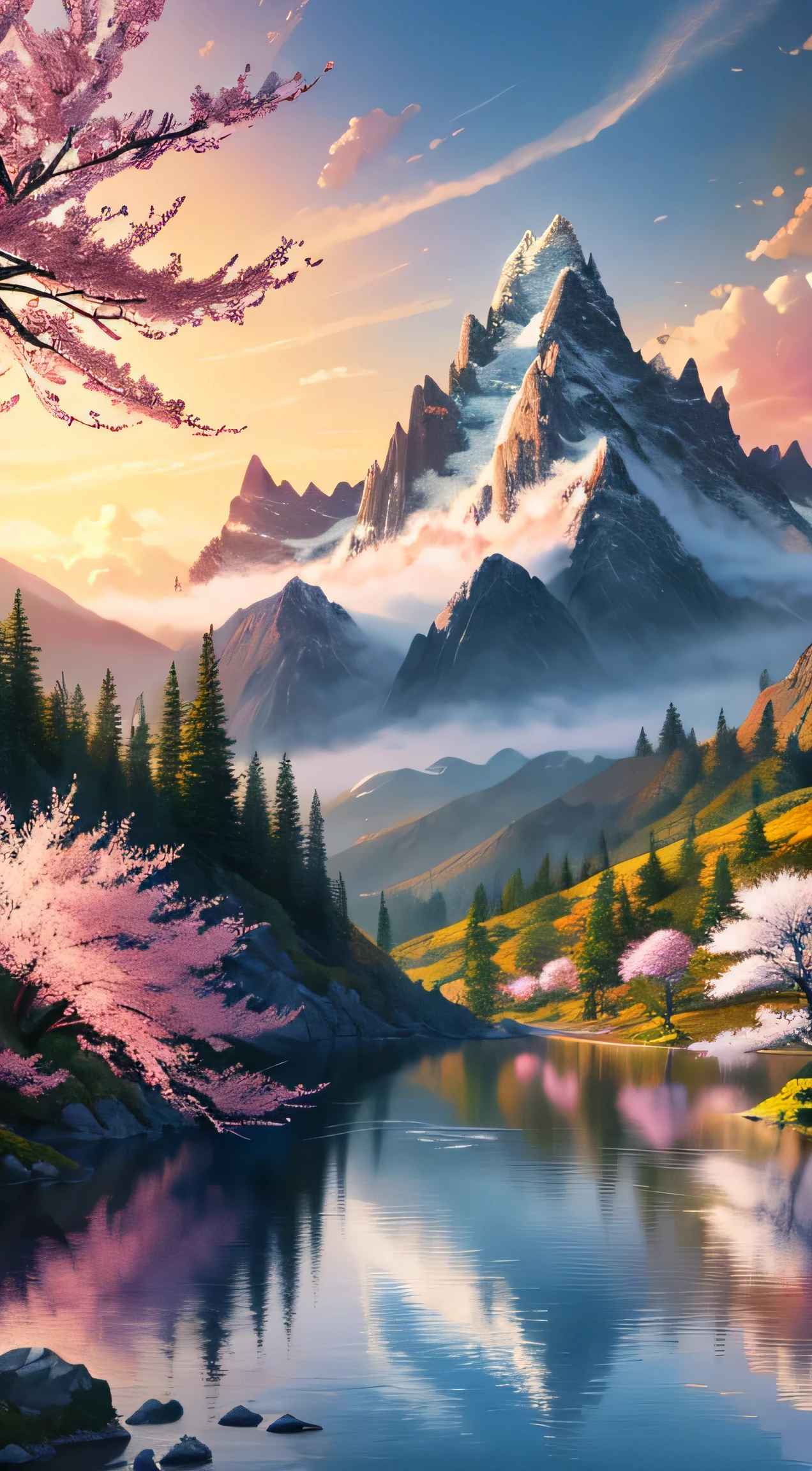 美しいMountainの絵. Mountain.春の富士Mountain , Moody and meaningful scenes in the style of Thomas Kinkade ,HD 4K , seamless texture, watercolor、cherry blossoms、