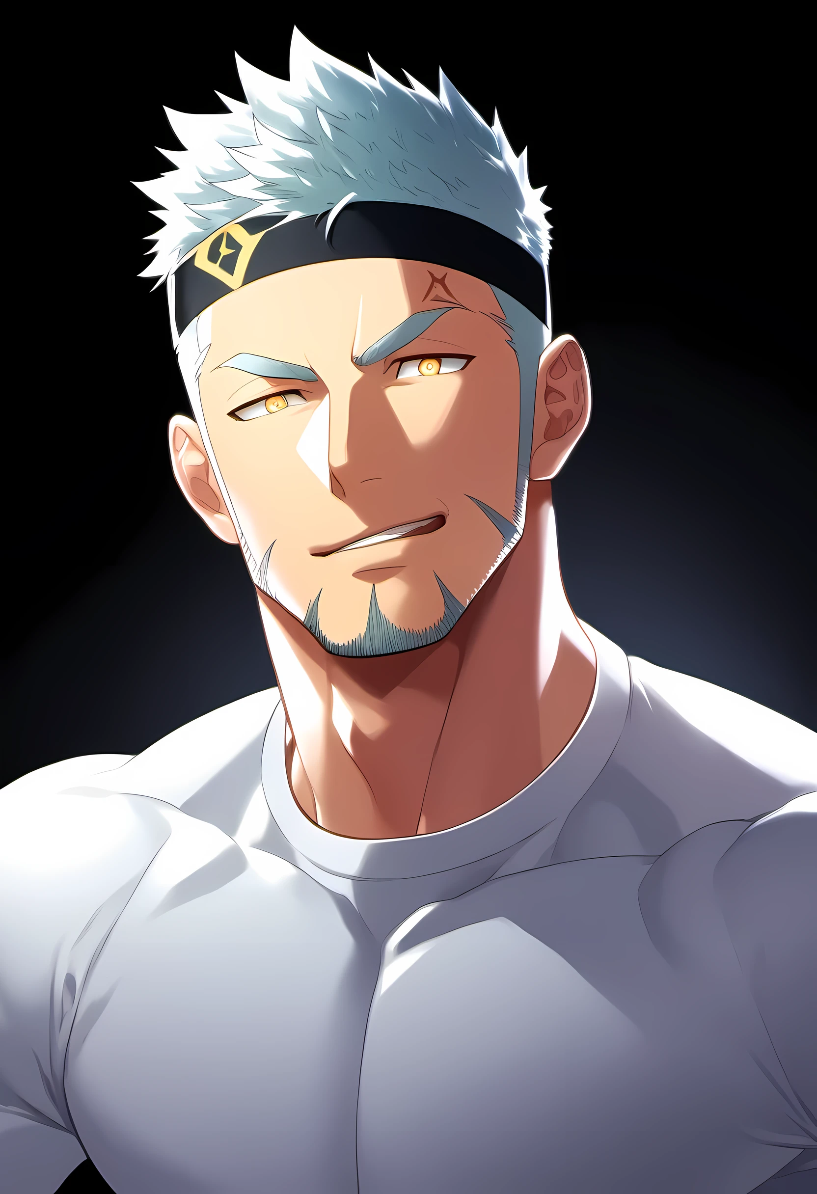 anime characters：Guy, Priapus, 1 young muscular man, male focus, six pointed star tattoo, Sporty black headband, Tight turtleneck long sleeve white spandex T-shirt, Milky white mucus at the corners of the mouth, muscular male, muscular, only, Upper body, alone, white short hair, stubble, yellow eyes, black background, simple background, amazing quality, best aesthetics, Ridiculous, bright pupils, short hair, naughty face, torogao, open lips, best quality