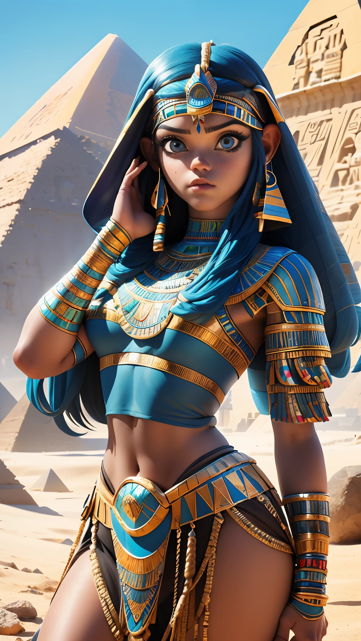 (La mejor calidad,A high resolution,Ultra - detallado,actual),Jenna Ortega es cleopatra, mostrando panties, (top amarillo plastic transparent :1.4) , (Cabello blue corto:1.4 ), (Egyptian pyramids background :1.4 ) , agua de sal,( Jenna Ortega V2.1), ,( ciberpunk 2.1), (estilos kawaii:1.4) , (perfect face :1.4), More detailed 8K.motor irreal:1.4,UHD,La mejor calidad:1.4, fotorrealista:1.4, textura de la piel:1.4, obra maestra:1.8,obra-prima, mejor calidad,objeto Objeto], (detailed face features:1.3),(Las proporciones correctas),(Ojos hermosos azules:1.4 ), (pose vaquero), (convexo dedos detailed :1.4),( fondo desierto Egipto :1.4)