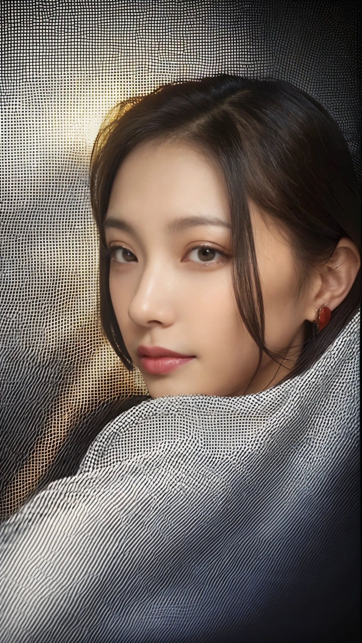 (highest quality, debris flies, realistic pictures, Super detailed, ultra high resolution, to be born:1.3), (1 female, beautiful japanese actress, 25 years old),  (shy smile), detailed face，Flashy makeup with red eyeshadow，Large ring earrings，light blonde delicate mid cut hair，the tips of the hair are wavy，Elegant hairstyle，fine eyes, Actress with slender figure，small breasts,  white shirt，(mini skirt)，white panties，