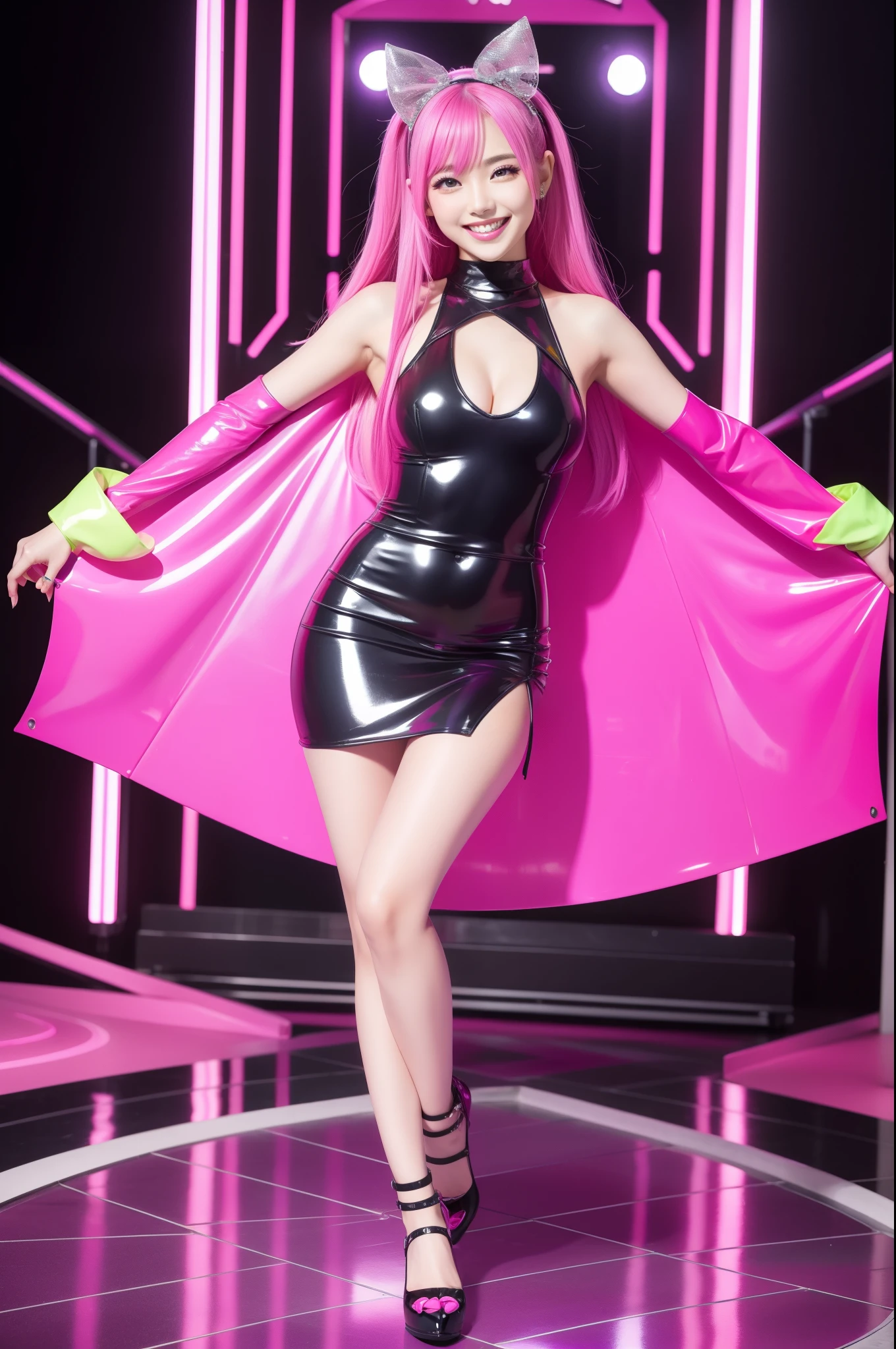 female idol、smiling face、full body Esbian、sexy latex dress（neon fuchsia）、multicolor hair、