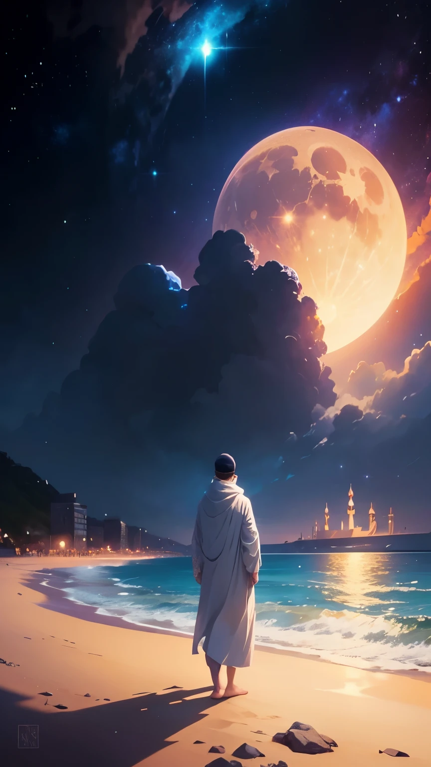islamic, muslim, moon, - style illustration of a man standing on a beach with a mosque in the background, makoto shinkai cyril Rolando, cosmic skies. by Makoto Shinkai, anime fantasy illustration, a beautiful artwork illustration, tranquility of the endless stars, magical concept art, ross tran. scenic background, inspired by Andreas Rocha