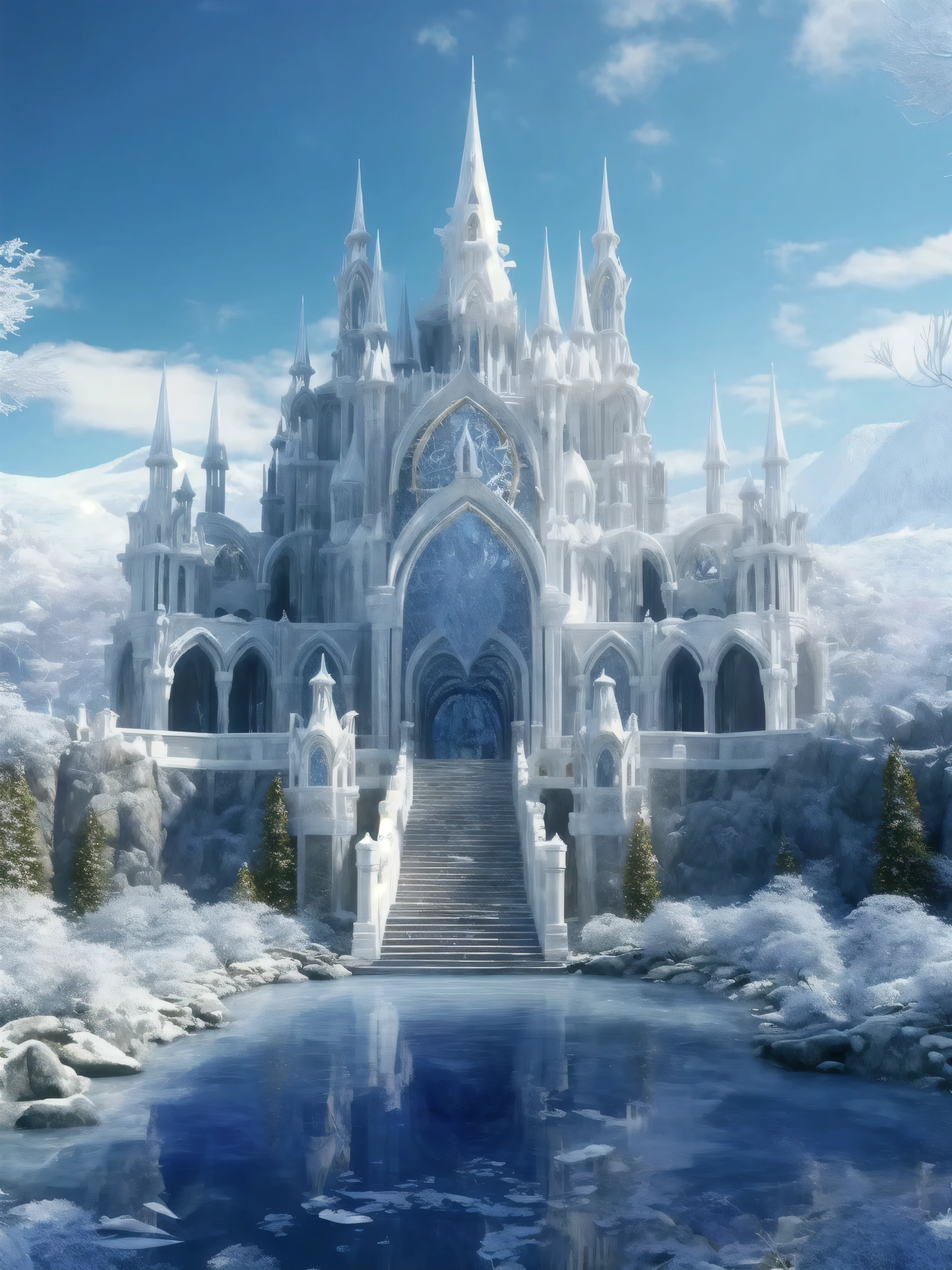 arafed castle in the middle of a frozen lake with a waterfall, beautiful castle, high fantasy castle, fantasy castle, beautiful detailed fantasy, winter scene fantasy, fantasy architecture, castle background, magical castle, fantasy setting, amazing wallpaper, breathtaking fantasy art, cathedral background, epic rivendell fantasy, the temple of truth is white, beautiful wallpaper, gothic castle