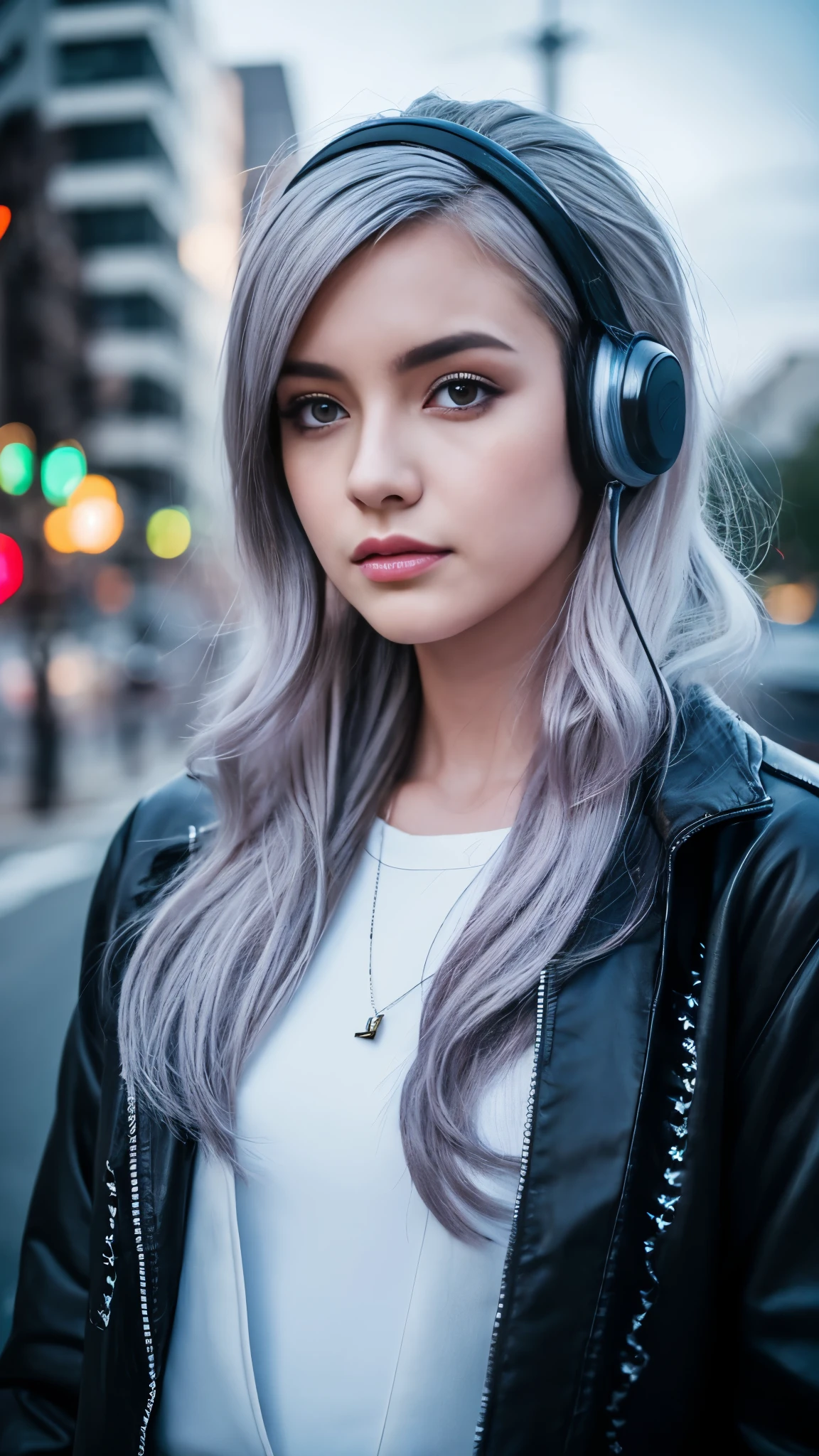 1 girl, gray hair, long hair, A masterpiece of techwear, highest quality, realistic, realism, dark purple jacket, portrait, fine eyes, wearing a headset, platinum hair, 21 year old girl, fashion pose, Half body, wide shoot, on the road, cyber punk
