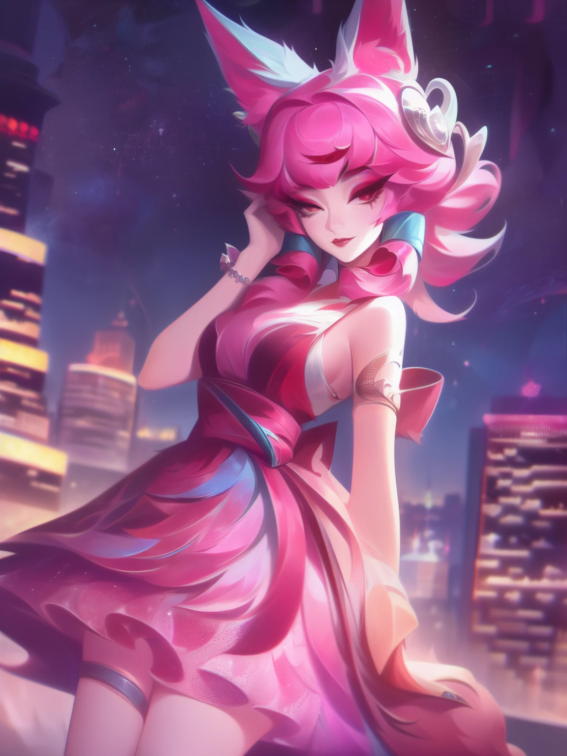 WZRYdajiJW,1girl, mature female, looking at viewer, cityscape, night, standing, dress,animal ears, hair ornament, makeup,