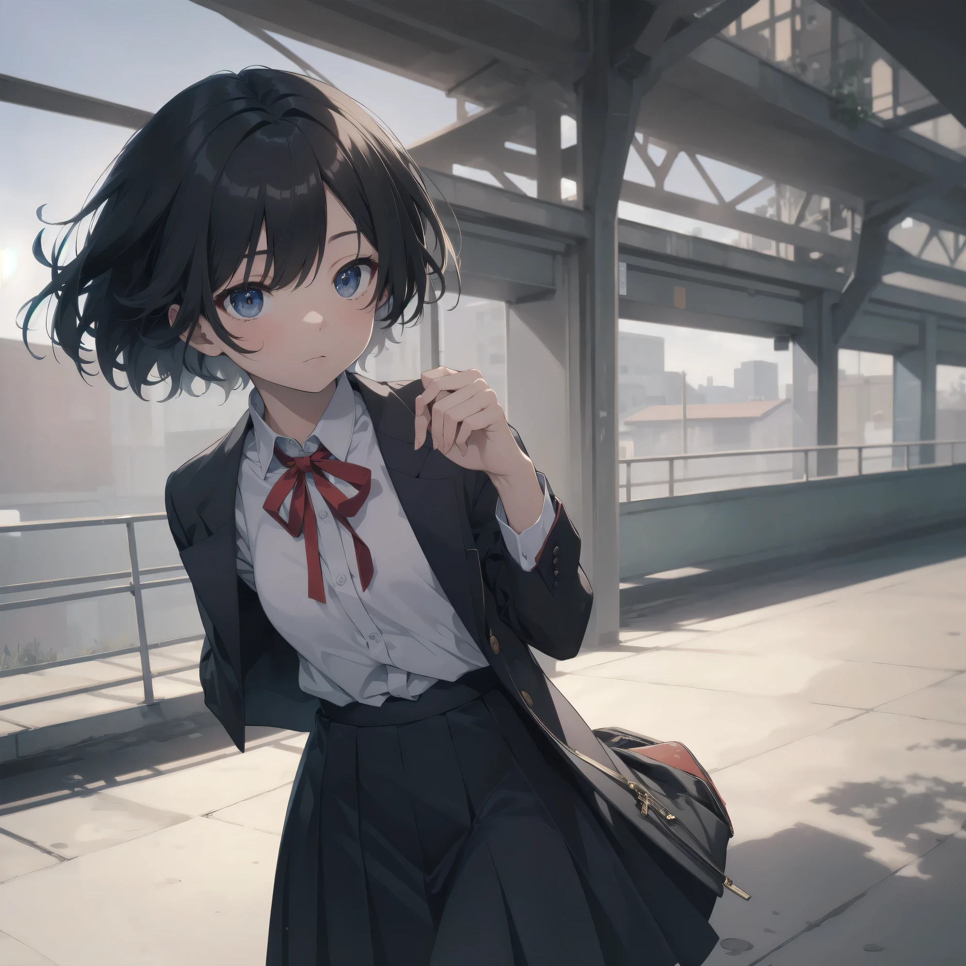 Super absurd quality by the god of art, super detailed, High resolution, anime moe art style, Best Anime 8K Kona-chan Wallpaper, pixiv contest winner, perfect anatomy, break,cowboy shot, (眠そうにalone学校へ行く女の子を描いてください. )break,1 girl, (alone,little woman, cute face, :1.3),All limbs, full finger,, The charm of an immature body, (very_short hair), shortcut, Bang, flat chest, small ass, between legs, small black eyes, detailed and beautiful eyes, Well-proportioned iris and pupils, expressive eyes, High resolutionの詳細な髪, neck ribbon, shirt, collared shirt, skirt, pleated skirt, school uniform, (detailed lighting), (detailed background), On the way to school. break,super dense skin, Best cinematic lighting powered by famous artist, 8k,Beauty Illustration,photoshop_(Moderate),Absurd Hi-Res,Hmm,rough skin,break,((artist:Fujiyama)), artist:Fujichoko,artist:Yamamoto_Soichiro,artist:hanekoto