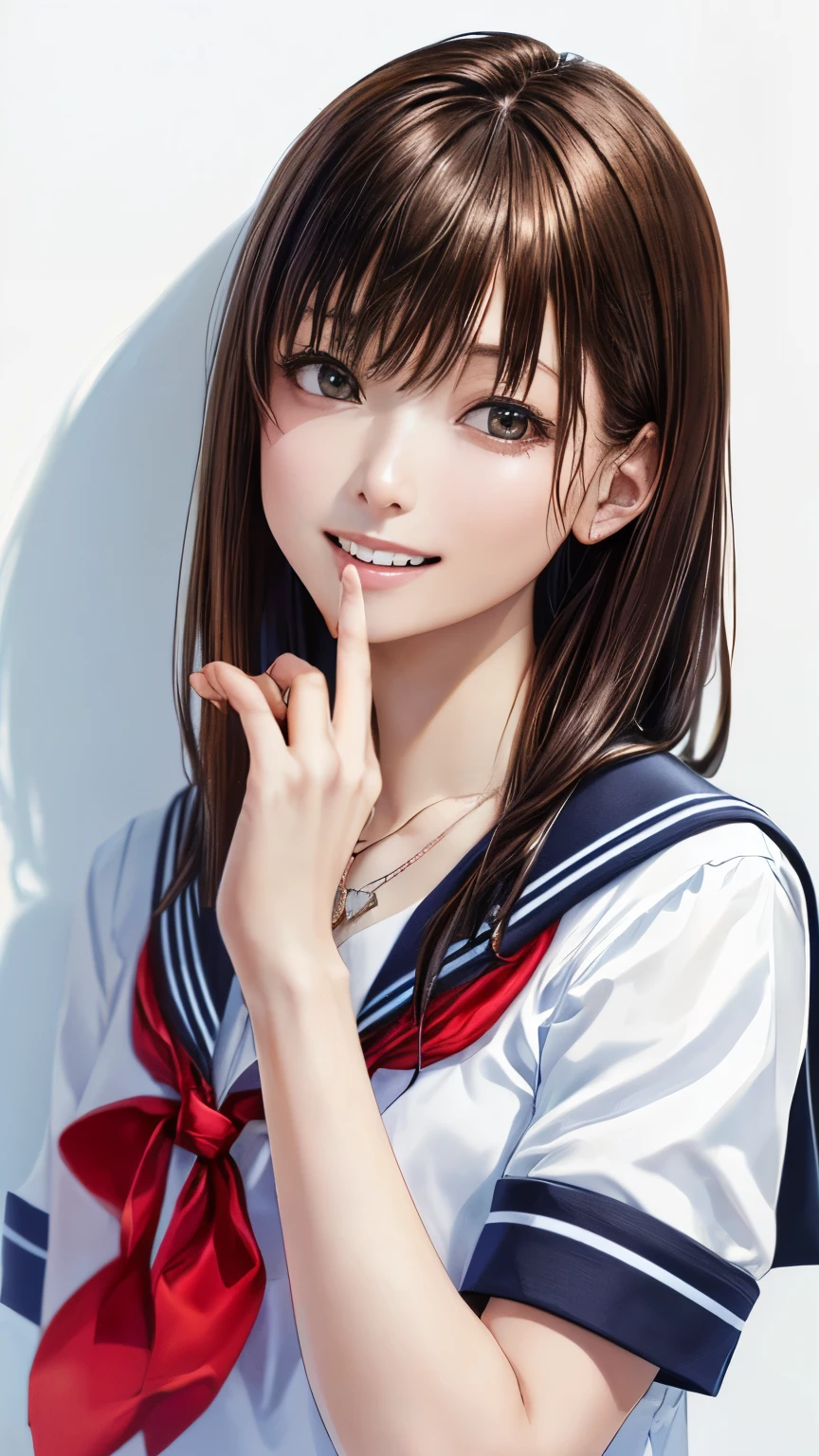 (highest quality、8k、32K、masterpiece)、(realistic)、(Photoreal:1.2)、(High resolution)、Super detailed、very beautiful face and eyes、1 girl、round and small face、thin waist、delicate body、(close、highest quality、high detail、rich skin details)、(highest quality、8k、oil paint:1.2)、Super detailed、(realistic、realistic:1.37)、bright colors、(((brown hair)))、(((full body shot)))、(((long hair that reaches waist)))、(((pure white wall background)))、(((pure white wall background)))、(((wear a sailor suit)))、(((I&#39;laughter)))、(((Wearing a short-sleeved sailor suit)))、(((look straight ahead)))、(((I have 茶色い髪)))、(((Wearing a heart necklace)))、(((she is wearing a sailor suit)))、(((brown hair)))、(((Open your right hand in front of your mouth)))、(((Has a shy look)))、(((plaid pleated skirt)))、(((mini skirt)))、(((I&#39;Iは黒いニーソックスを履いています)))、(((Teeth are visible)))