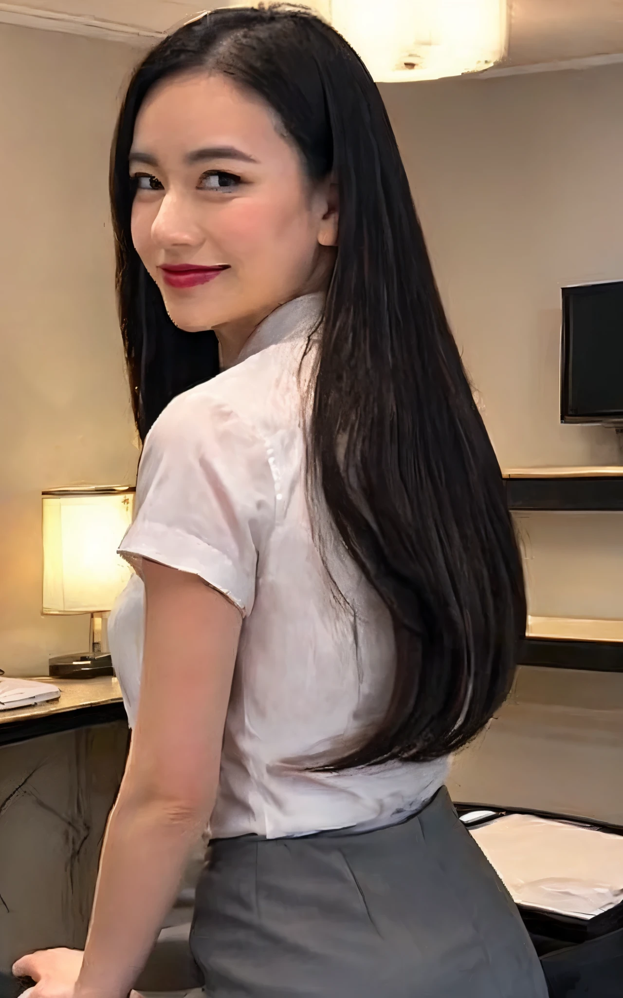 (Best quality, 8k, 32k, Masterpiece, UHD:1.2), from behind, 1 walking girl, beautiy Japanese office lady, (smile:0.5), (looking at the the viewer), 30 years old, bit chubby, white shirt, black skirt, office room, desk, detailed beautiful face, twin-tail hair, from below,