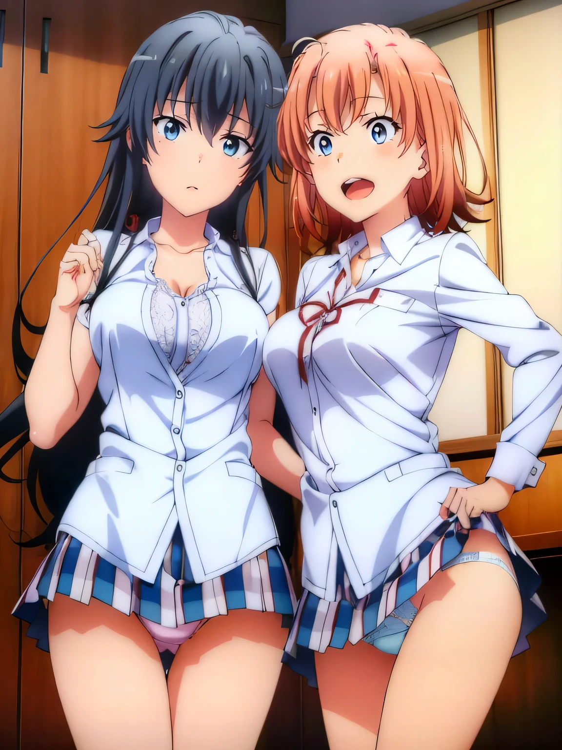 (2 girls) ,(Yukinoshita Yukino white lace panties).(由比ヶ浜結衣 ピンクレースpanties), classroom, ,Shirt only,panties(Yuigahama Yui has big breasts),(Yuigahama Yui opens her mouth),(no skirt),((光沢のあるpanties)),thighs,calf,whole body,*(smile),from the front,