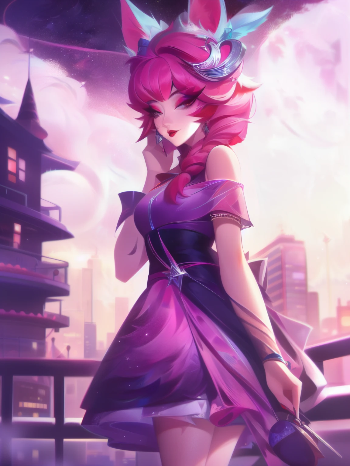 WZRYdajiJW,1girl, mature female, looking at viewer, cityscape, night, standing, dress,animal ears, hair ornament, makeup,