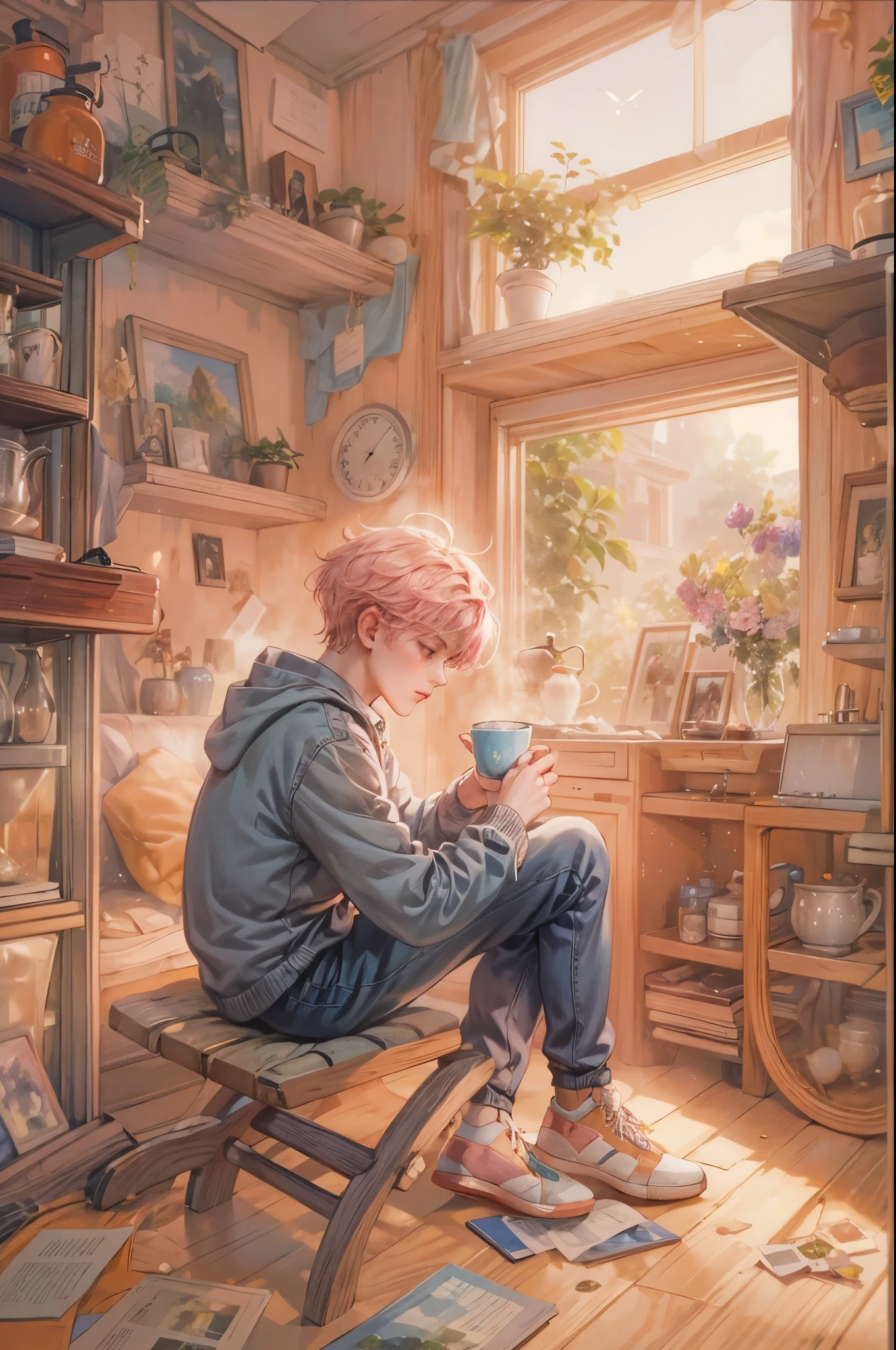 ((Best quality)), ((masterpiece)), (detailed), ((perfect face)), ((halfbody)) handsome young boy artist, pink hair, engaging in various activities within his cozy home nestled in a serene forest. Capture moments of his daily life, such as painting, reading, playing a musical instrument, or enjoying a cup of tea, as he explores his creativity and self-discovery, all while surrounded by the warmth and comfort of his sanctuary