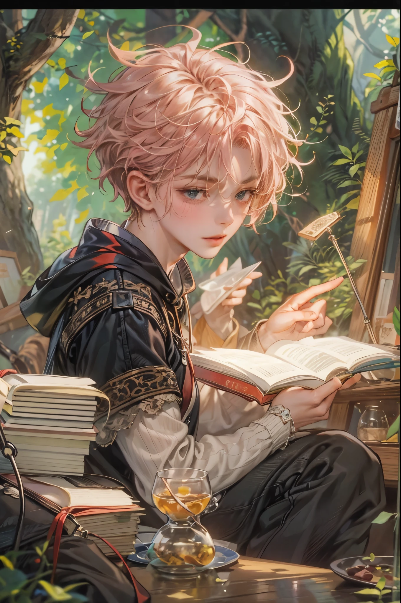 ((Best quality)), ((masterpiece)), (detailed), ((perfect face)), ((halfbody)) handsome young boy artist, pink hair, engaging in various activities within his cozy home nestled in a serene forest. Capture moments of his daily life, such as painting, reading, playing a musical instrument, or enjoying a cup of tea, as he explores his creativity and self-discovery, all while surrounded by the warmth and comfort of his sanctuary