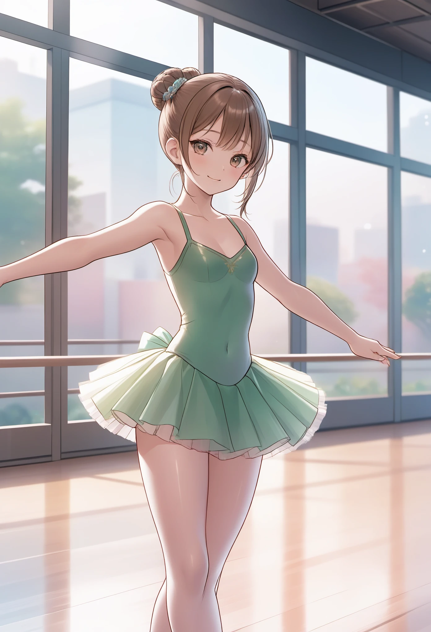 (best quality,4k,highres),ultra-detailed,realistic,portraits, A cute japaneese girl doing ballet, dancing in a high tech ballet studio, large windows with beautiful fields outside, drawn in anime style, full body view, futuristic, Frutiger Aero aesthetic, light background, sci-fi setting, girl with jade green eyes, brown ballet bun hair, small breast, red leotard, wide tutu skirt, pink tights covering entire legs, pointe shoes, elegant and graceful movement, charming smile, normal camera angle, tertiary colors, bokeh, highly detailed, 4K.