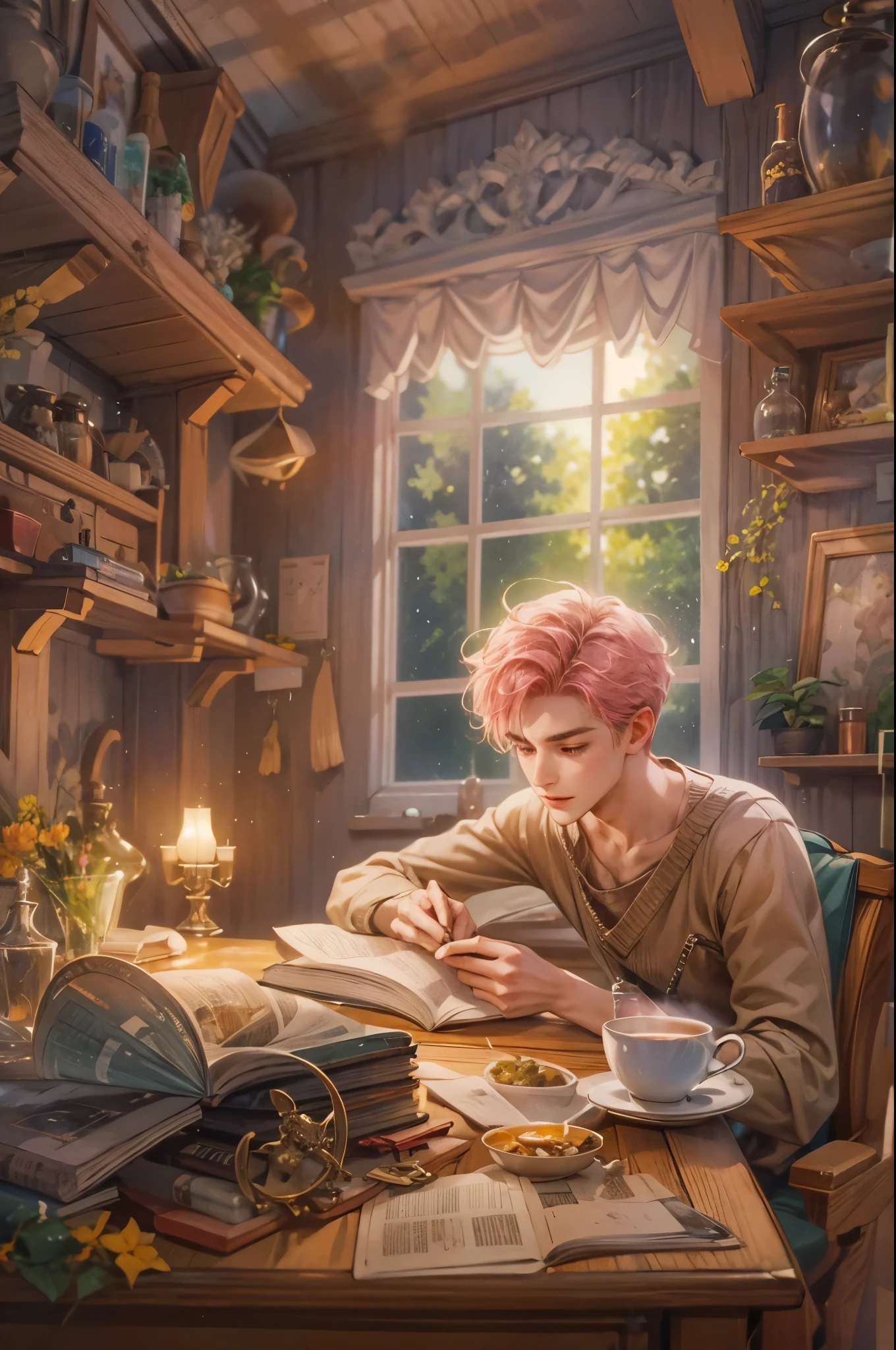((Best quality)), ((masterpiece)), (detailed), ((perfect face)), ((halfbody)) handsome young boy artist, pink hair, engaging in various activities within his cozy home nestled in a serene forest. Capture moments of his daily life, such as painting, reading, playing a musical instrument, or enjoying a cup of tea, as he explores his creativity and self-discovery, all while surrounded by the warmth and comfort of his sanctuary