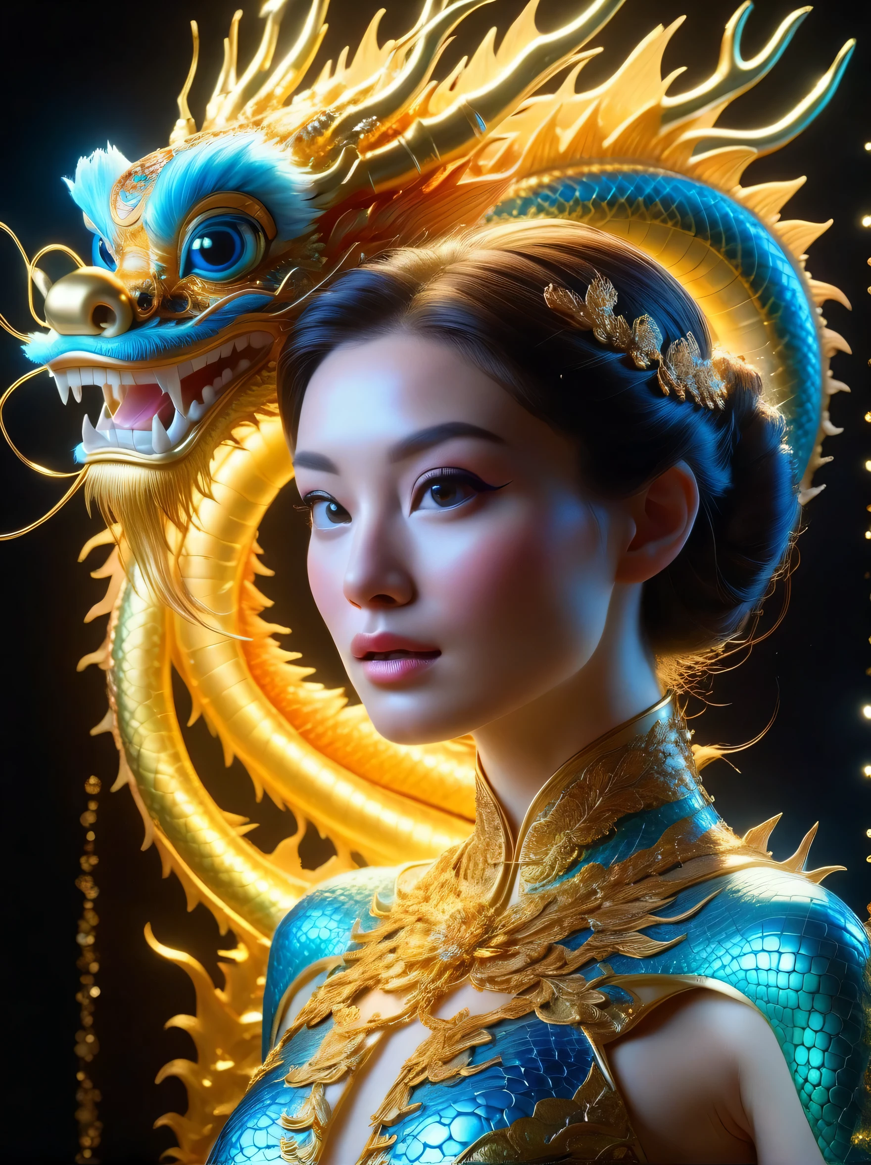 魔法女神控制论生物发Light未来派阿芙罗狄蒂,Ivory and gold,Yukubo Rei、Designed by TeamLab and Bruce Munro,绚丽的生物发Light,Magnificent portrait of an ethereal model,slope change,intricate details,chiaroscuro,发Light主义,Broken glass effect,Astonishing,Something that doesn't even exist,myth,vitality,molecular,texture,虹彩和夜Light鳞片,impressive beauty,Pure perfection,divine presence,memorable,impressive beauty,Volumetric Light,Light,reflections of bright colors, Chinese dragon
