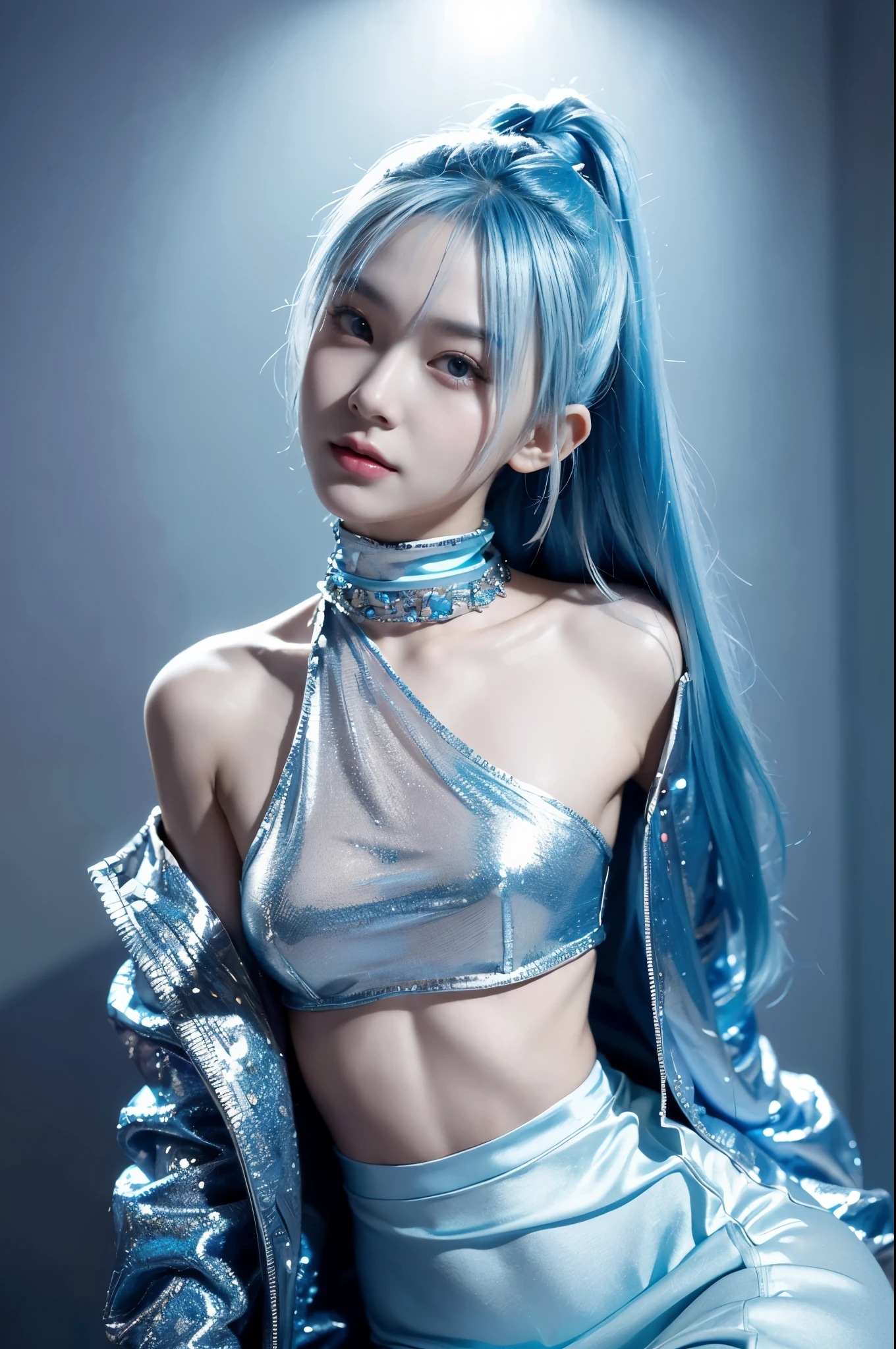 highly detailed, 8k, masterpiece, young asian girl, 19 years old, Blue pink_hair, smile, (perfect_face), sharp facial features, sharp face, ornate, intricate, dramatic lighting, detailed_background, caustics, show full body, goddess look, goddess body, (extra detailed body, extra detailed face, best qualtiy:1.2), a goddess, looking at the viewers, (Silver, light blue and blue gradient hair color, Fancy makeup, accessorized), no panties, no bra, transparent sheer clothing,