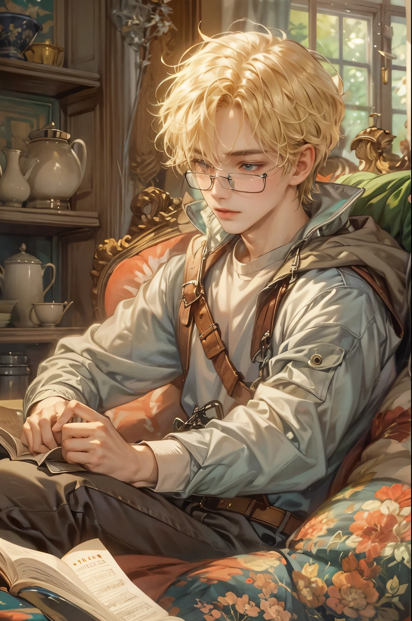 ((Best quality)), ((masterpiece)), (detailed), ((perfect face)), ((halfbody)) handsome blonde young boy artist, engaging in various activities within his cozy home nestled in a serene forest. Capture moments of his daily life, such as painting, reading, playing a musical instrument, or enjoying a cup of tea, as he explores his creativity and self-discovery, all while surrounded by the warmth and comfort of his sanctuary