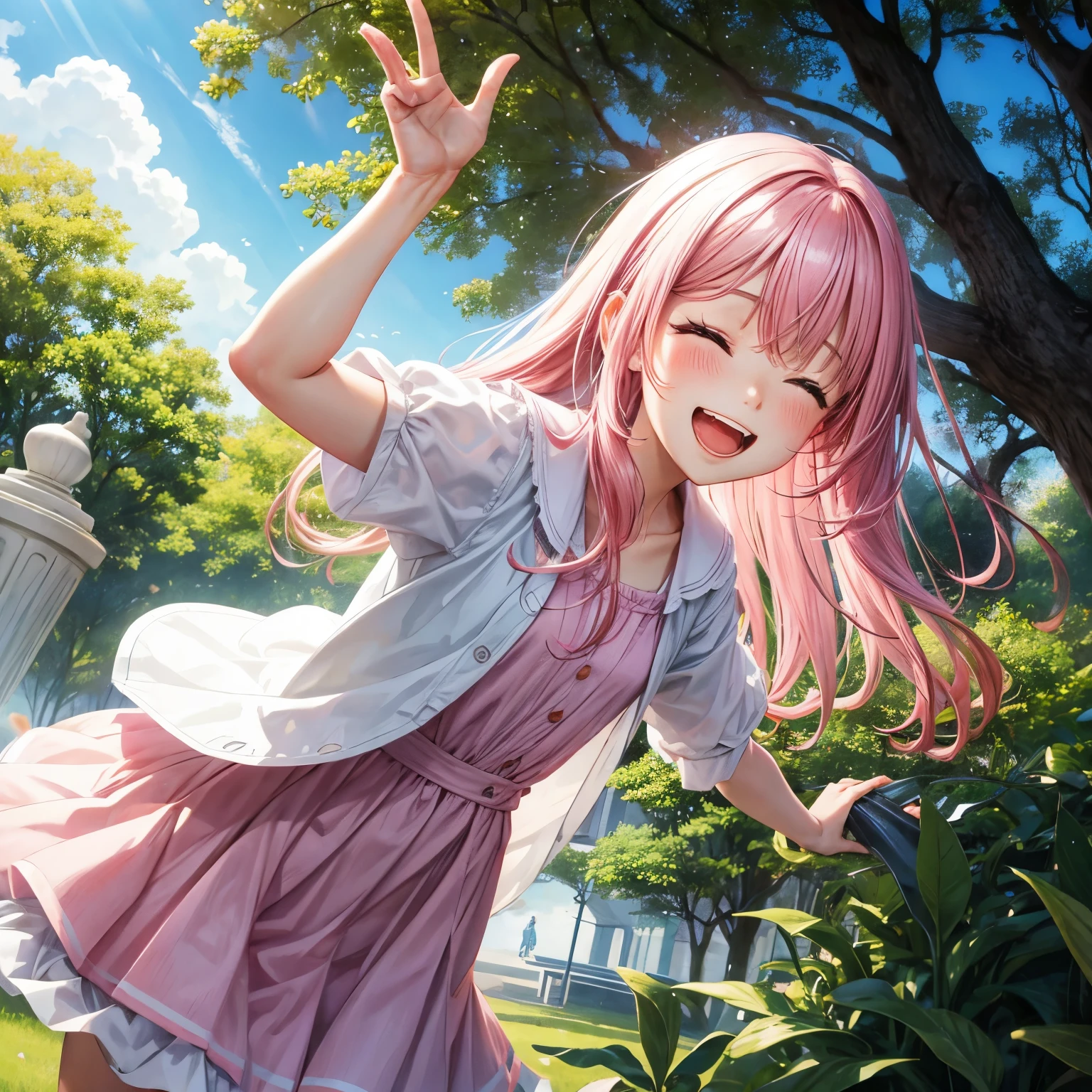 Cute girl, pink hair, with white dress, in a park, run, laughing, close eyes, happily, positive vibes