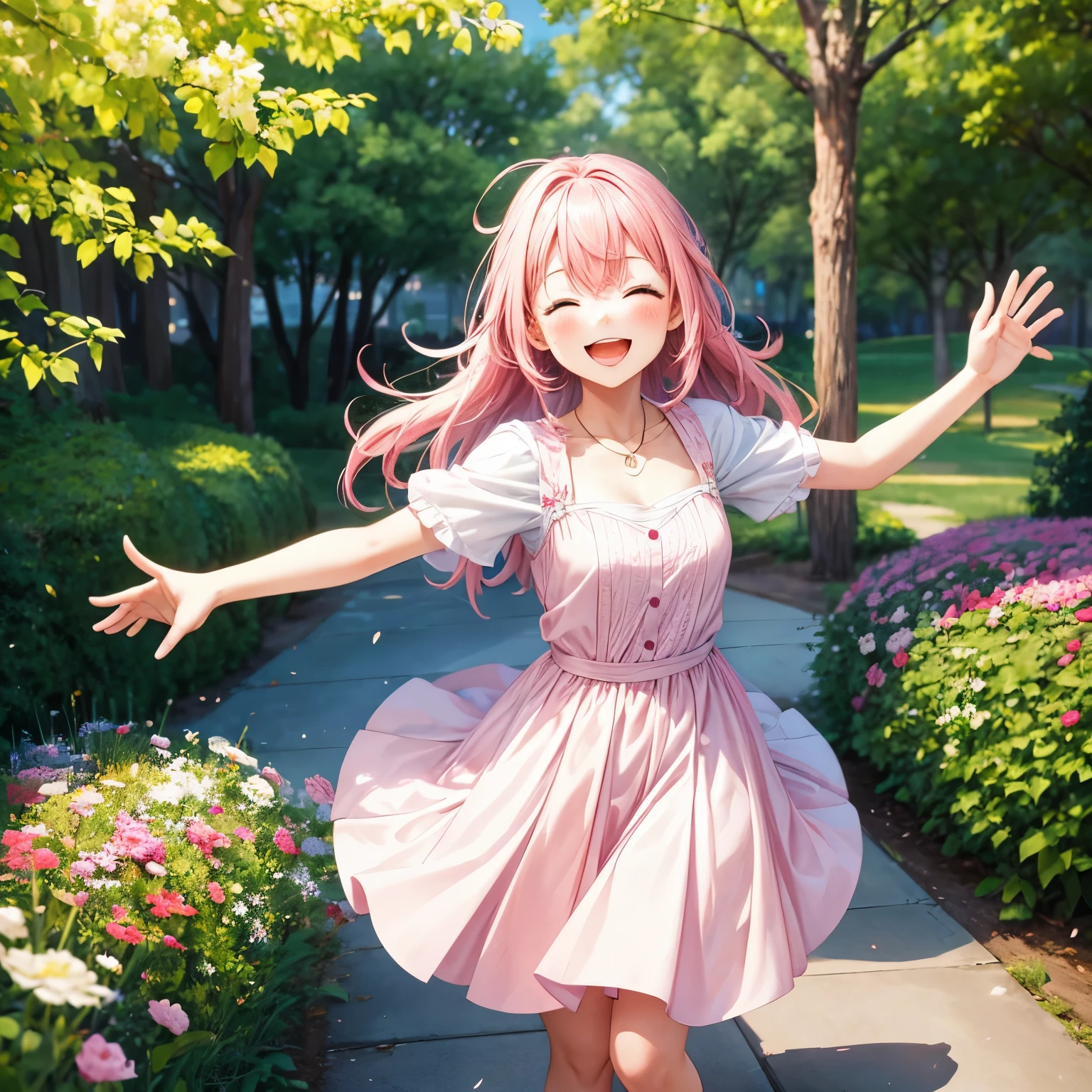 Cute girl, pink hair, with white dress, in a park, run, laughing, close eyes, happily, positive vibes