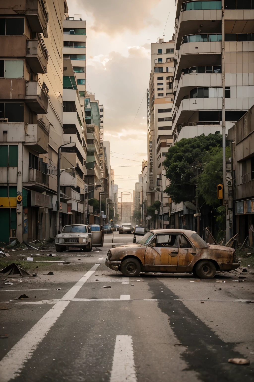 Describe an aerial scene of Avenida Paulista as if it had been abandoned for many years. There are no people in sight, apenas carros abandonados cobertos de ferrugem, Weeds growing through cracked concrete and ruins of decaying buildings. Convey an atmosphere of desolation and abandonment through the details of the cityscape in its deteriorating state. Enter the Brigadeiro subway sign