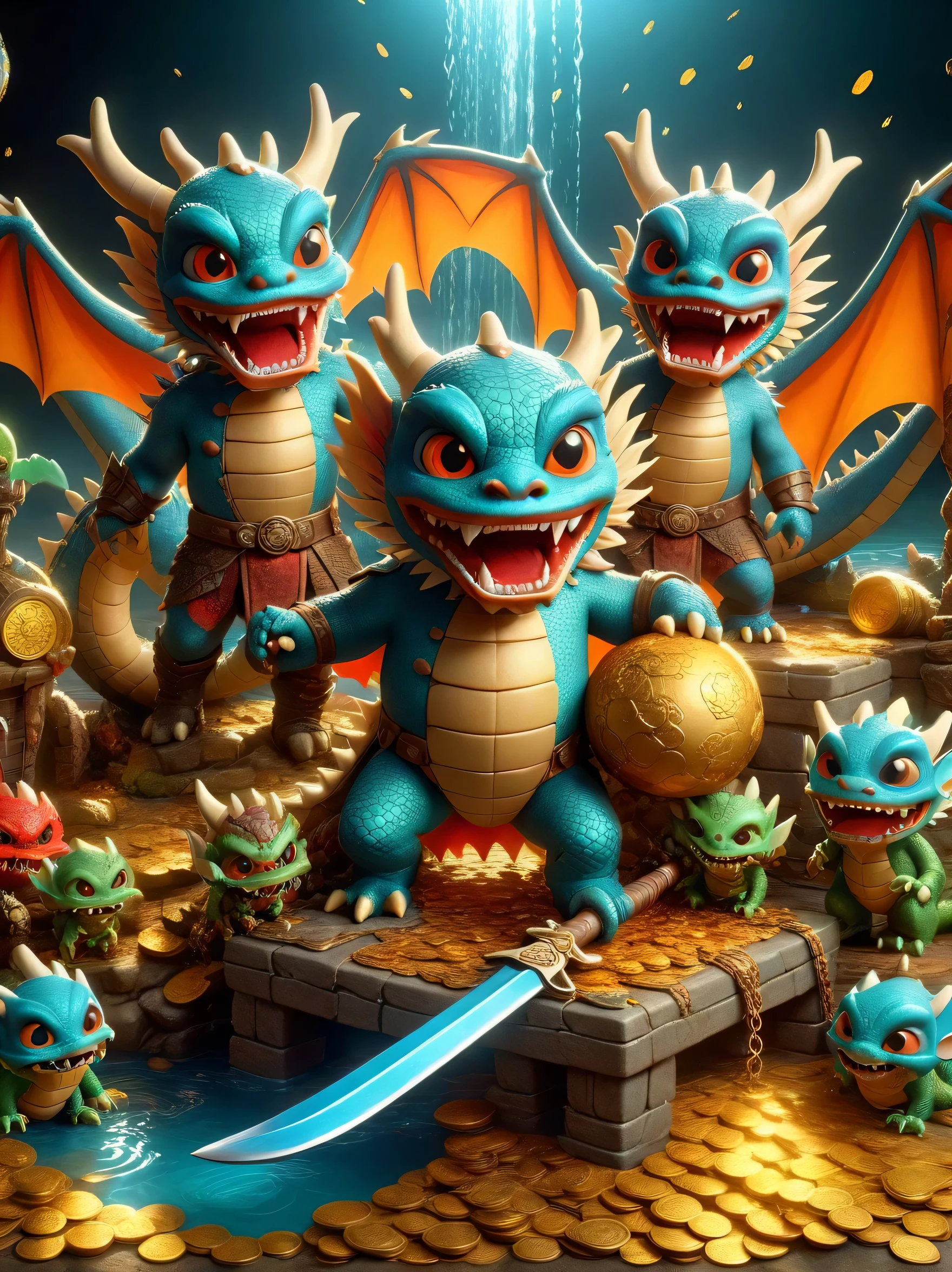 dragon's underground lair,Dark and damp, full of treasures、bones and weapons,(low light,shadow,strange lamp),huge bat-like folding wings,(horned,scaly,Reptiles),eyes sparkling,Sword and Ax Collection,The box is full of gold coins and gems,water and mineral pool,(FOG),surrounded by net,(Warning tape),Featuring goblins equipped with armor and weapons,Orc and Troll Guards,(Threat exists),Extremely detailed settings, Keith Haring style graffiti,sharp illustration, bold lines and solid colors, simple details, minimalist