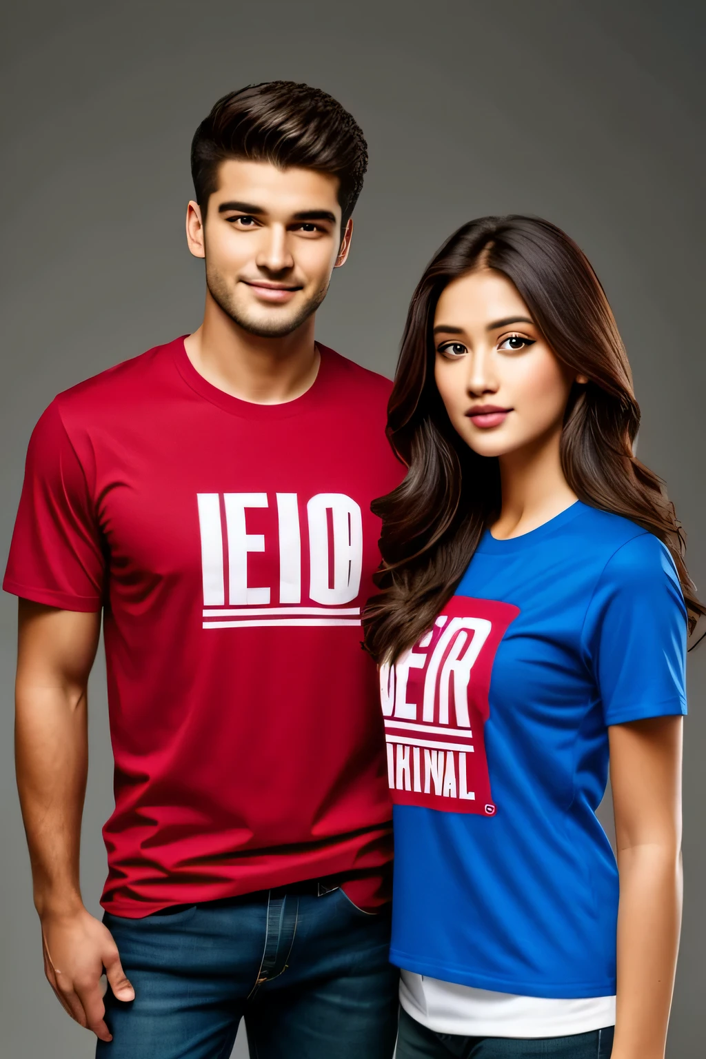 Guy and a girl model, looking at viewer, wearing branded tee shirt
