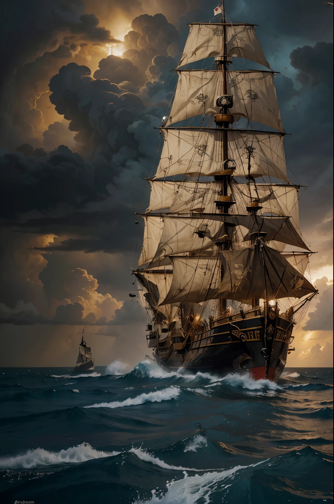 painting of a pirate ship in the middle of a stormy ocean, gothic ship on ocean, gold galleon ship, galleon, inspired by gaston bussiere, a ship lost in a storm, owlship, pirate ship, old pirate ship, detailed cover artwork, pirate ship in space, on a pirate ship background, ship at sea