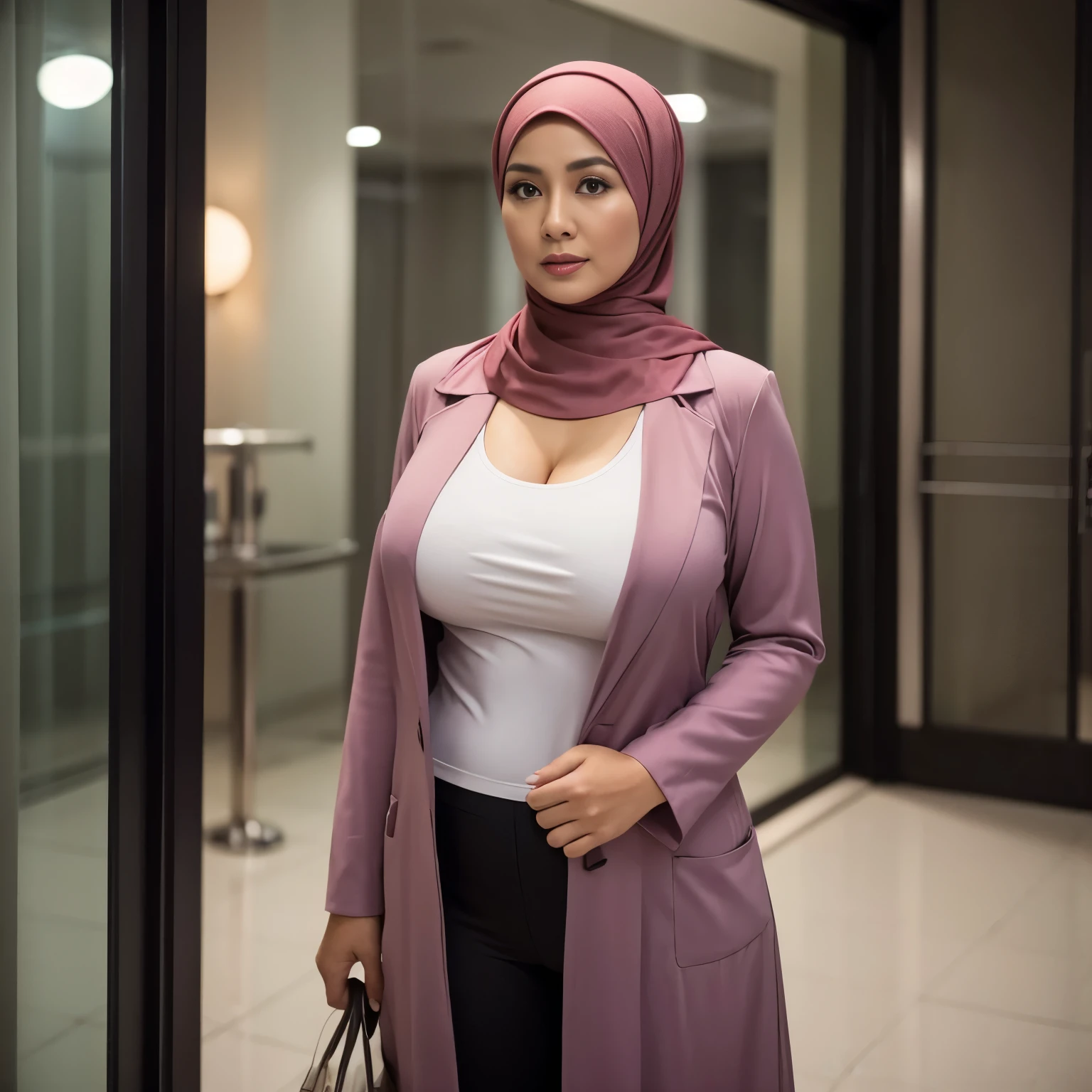 50 years Old, Hijab Indonesian mature woman, Big Tits : 32.9, doctor suit, Curvy Body, Breast about To burst out from her clothes, at doctor office, Dark light, at Nighttime.